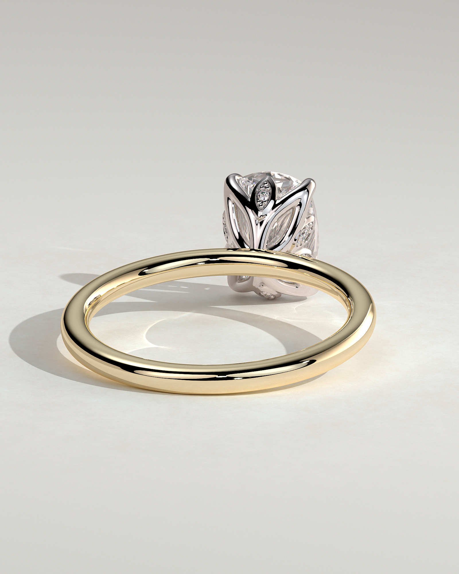 Tilly - Petal Claw Solitaire with Accent Leaf Detail - 18k Yellow Gold / 18k White Gold