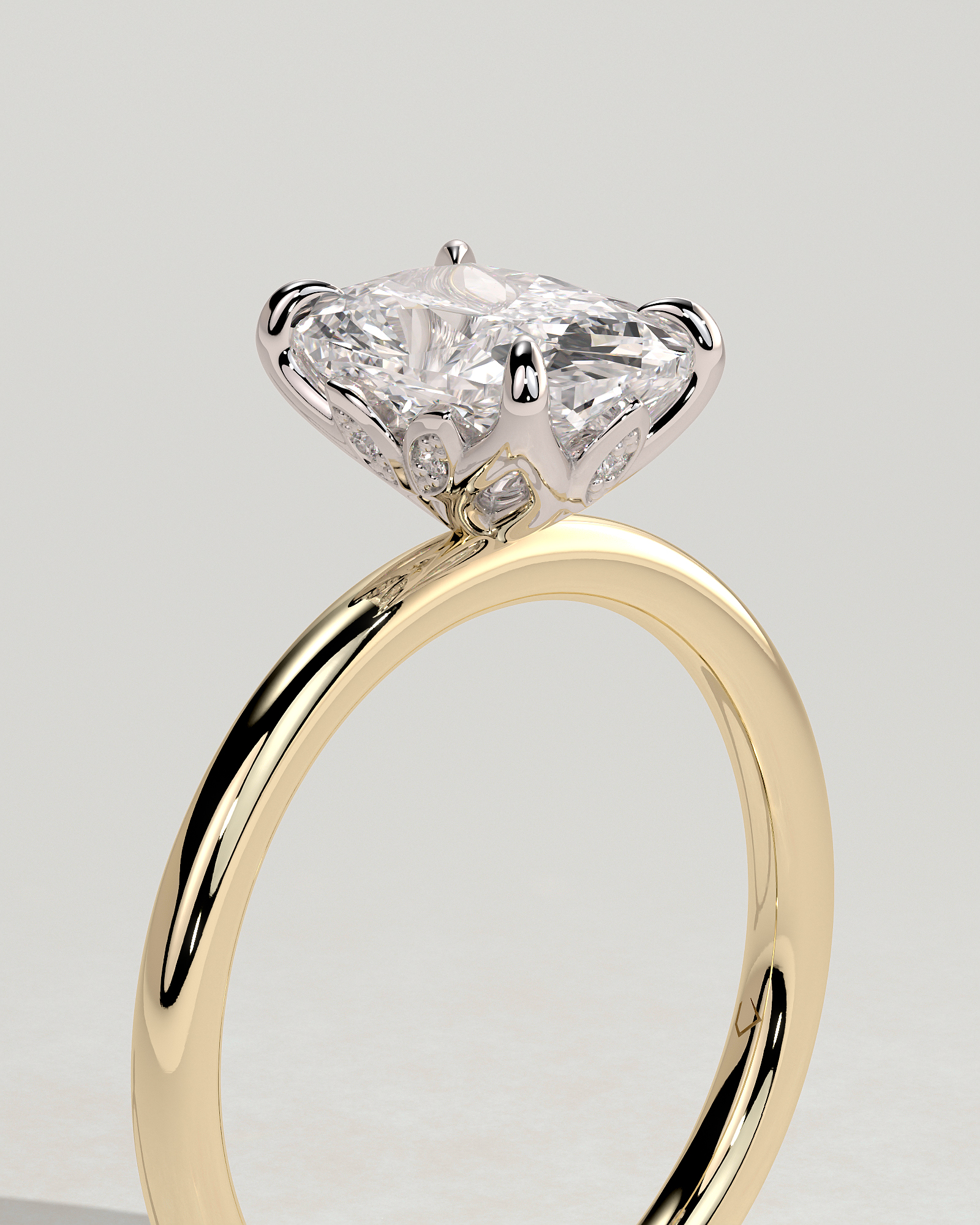 Tilly - Petal Claw Solitaire with Accent Leaf Detail - 18k Yellow Gold / 18k White Gold