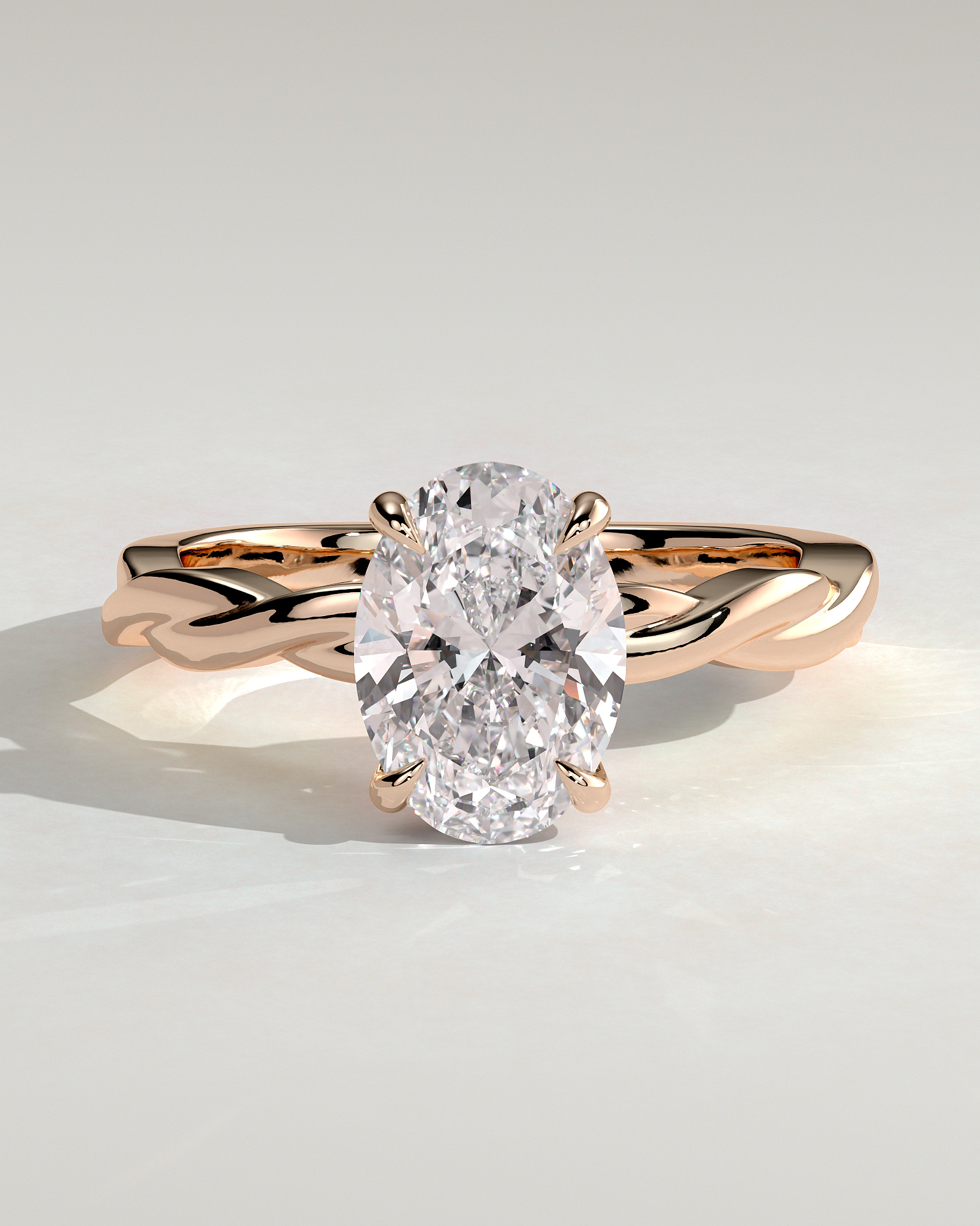 Trinity - Oval 4 Claw Solitaire with Twisted Band Engagement Ring - 18k Rose Gold