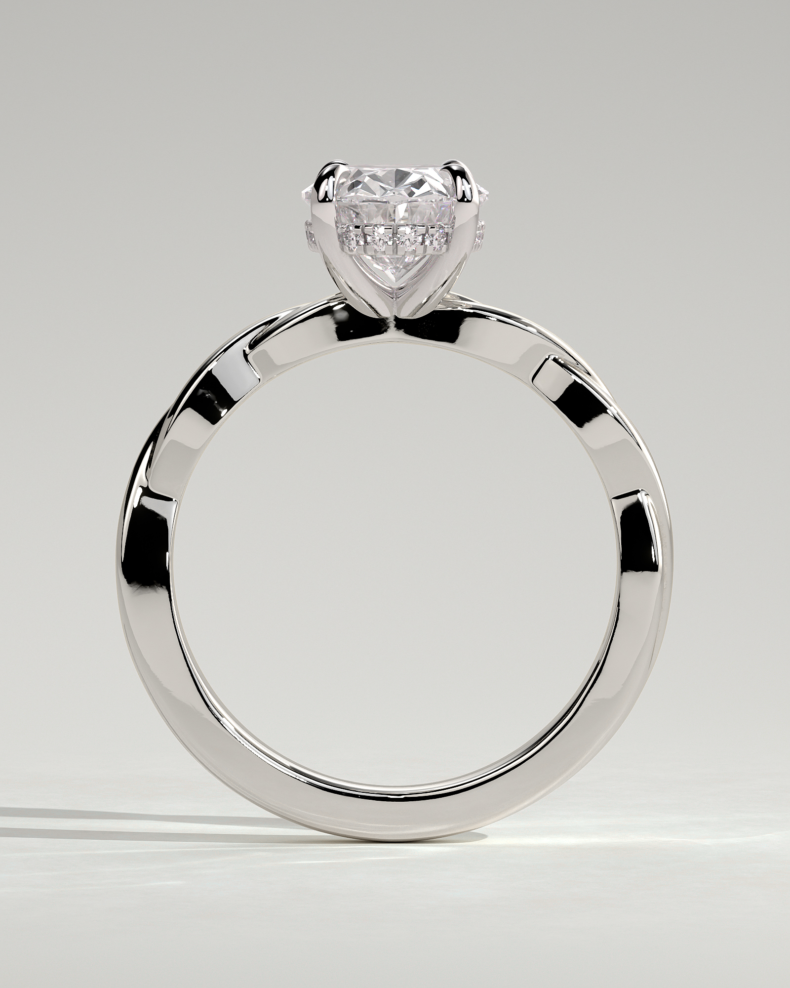Trinity - Oval 4 Claw Solitaire with Twisted Band Engagement Ring - 18k White Gold