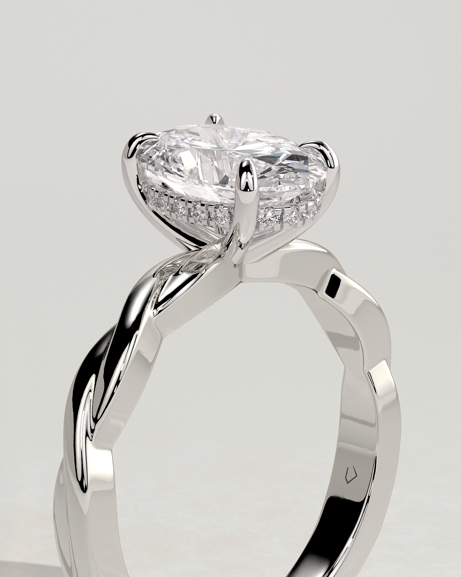 Trinity - Oval 4 Claw Solitaire with Twisted Band Engagement Ring - 18k White Gold