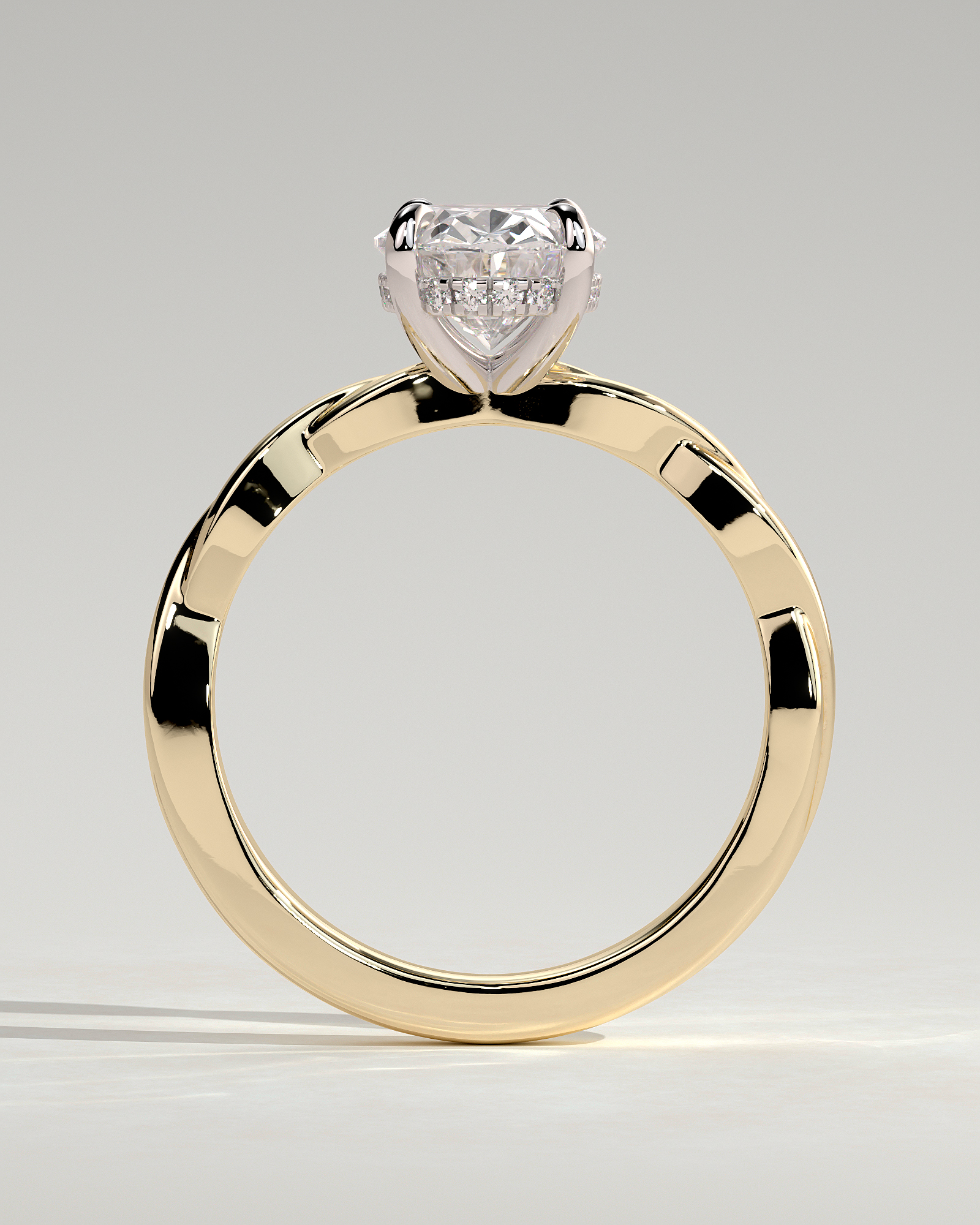 Trinity - Oval 4 Claw Solitaire with Twisted Band Engagement Ring - 18k Yellow Gold / 18k White Gold