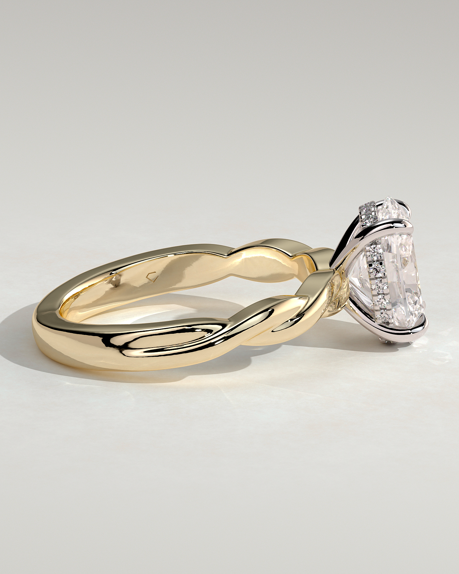 Trinity - Oval 4 Claw Solitaire with Twisted Band Engagement Ring - 18k Yellow Gold / 18k White Gold