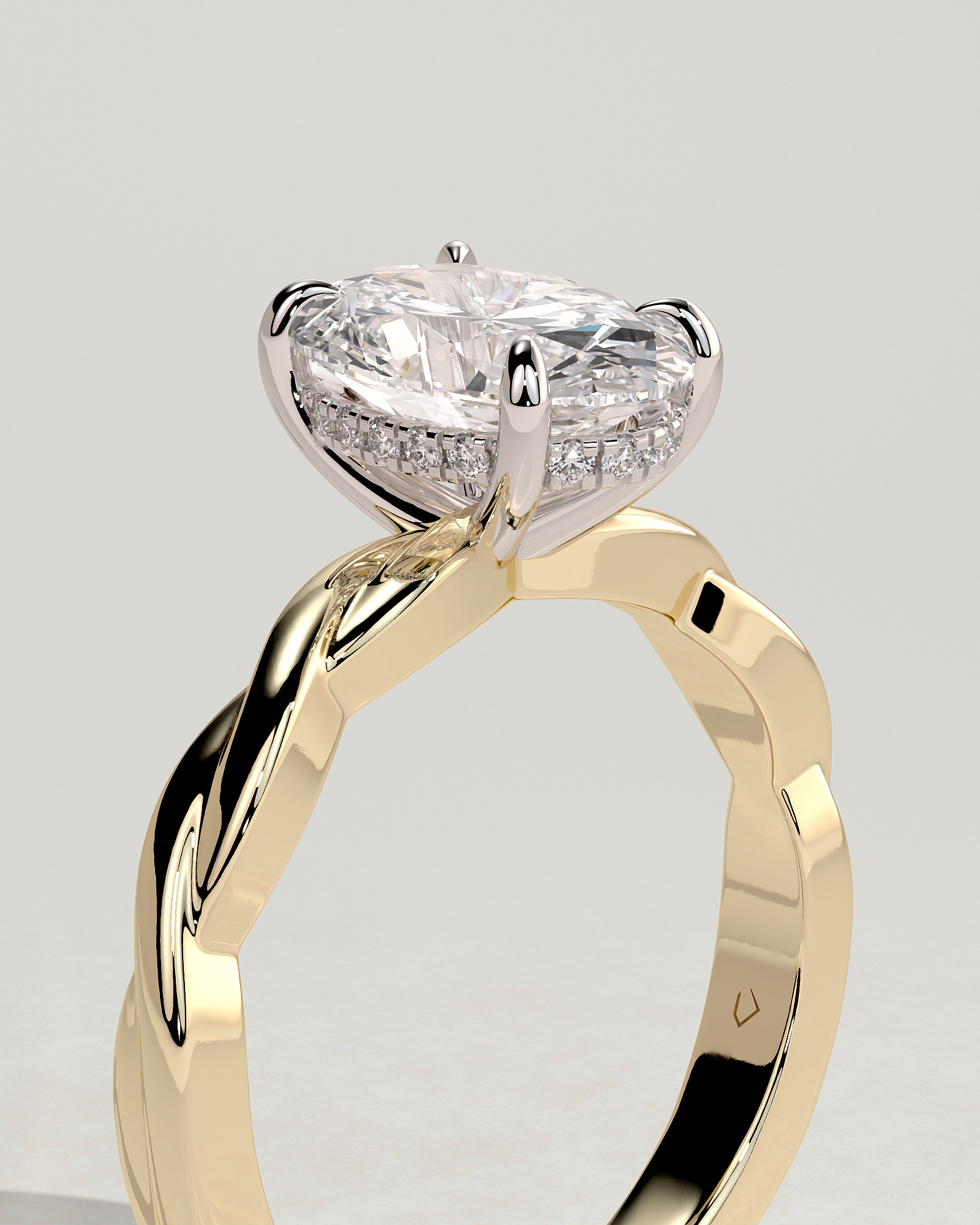 Trinity - Oval 4 Claw Solitaire with Twisted Band Engagement Ring - 18k Yellow Gold / 18k White Gold