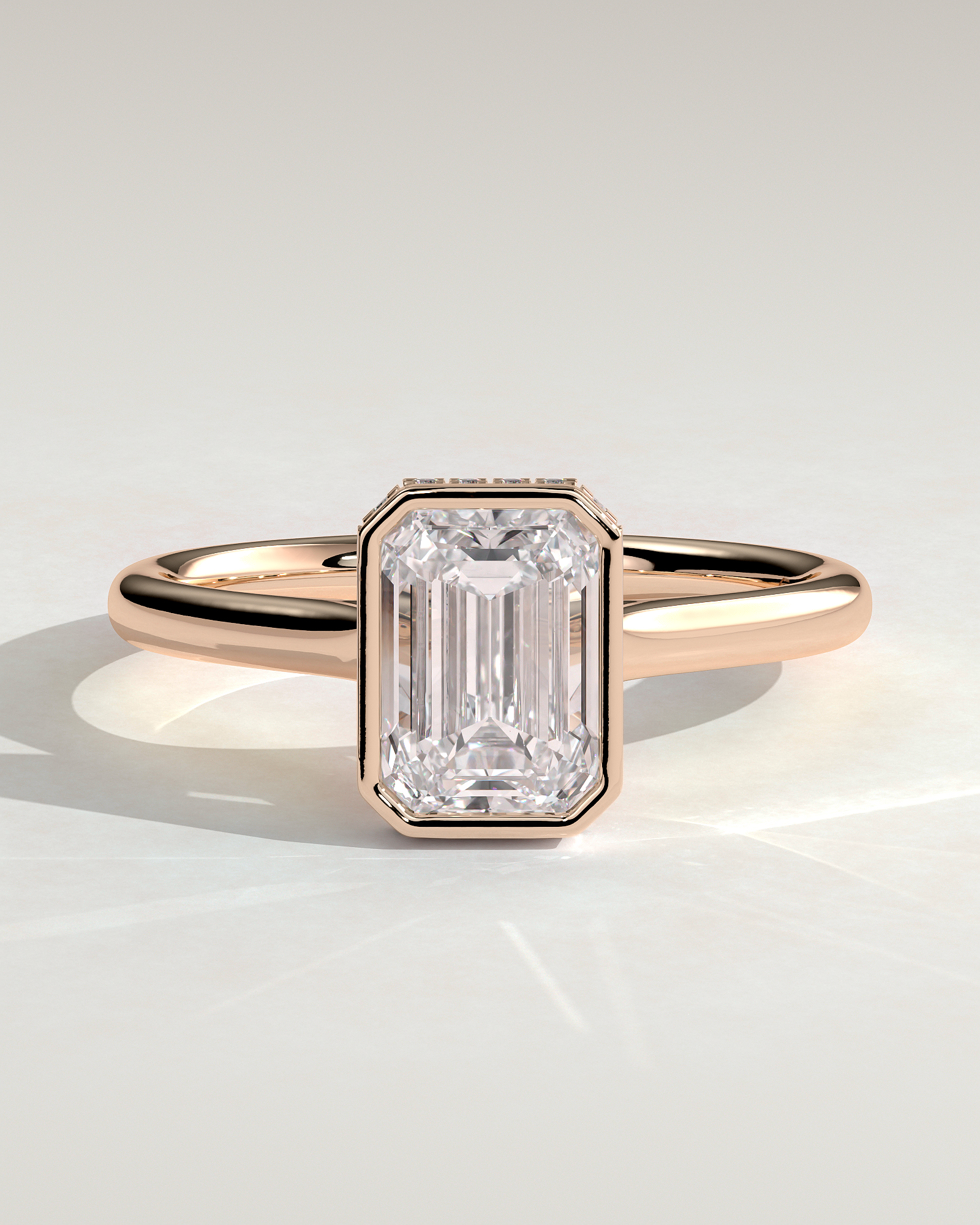 Emerald Bezel Solitaire with Hidden Halo and Cathedral Setting Engagement Ring - 18k Rose Gold