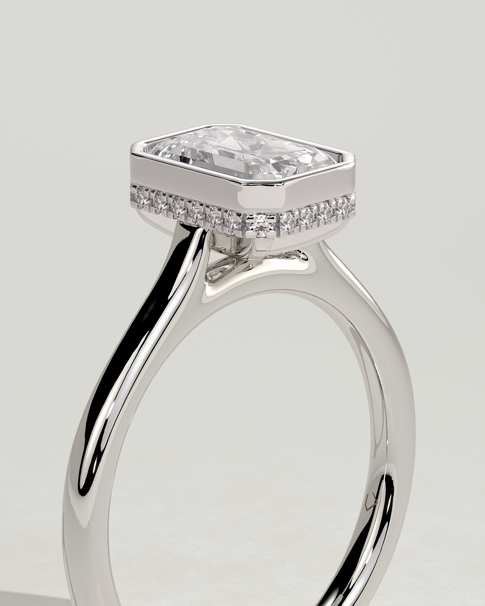 Emerald Bezel Solitaire with Hidden Halo and Cathedral Setting Engagement Ring - 18k White Gold