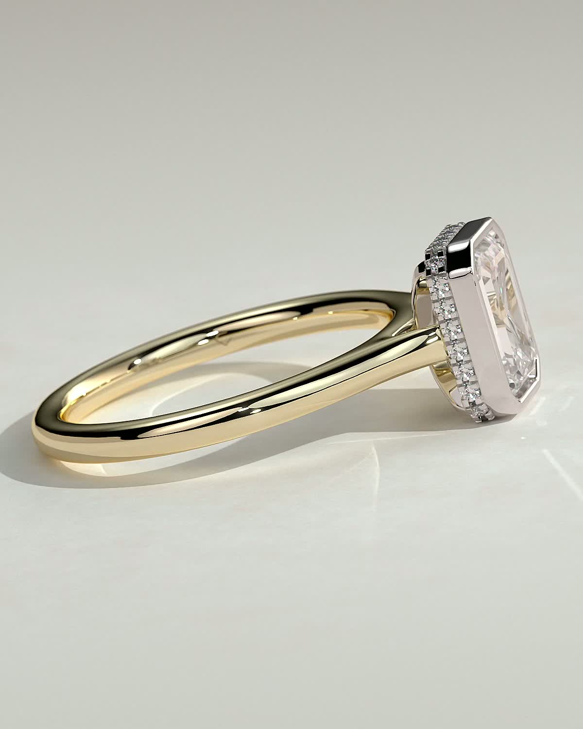 Emerald Bezel Solitaire with Hidden Halo and Cathedral Setting Engagement Ring - 18k Yellow Gold / 18k White Gold