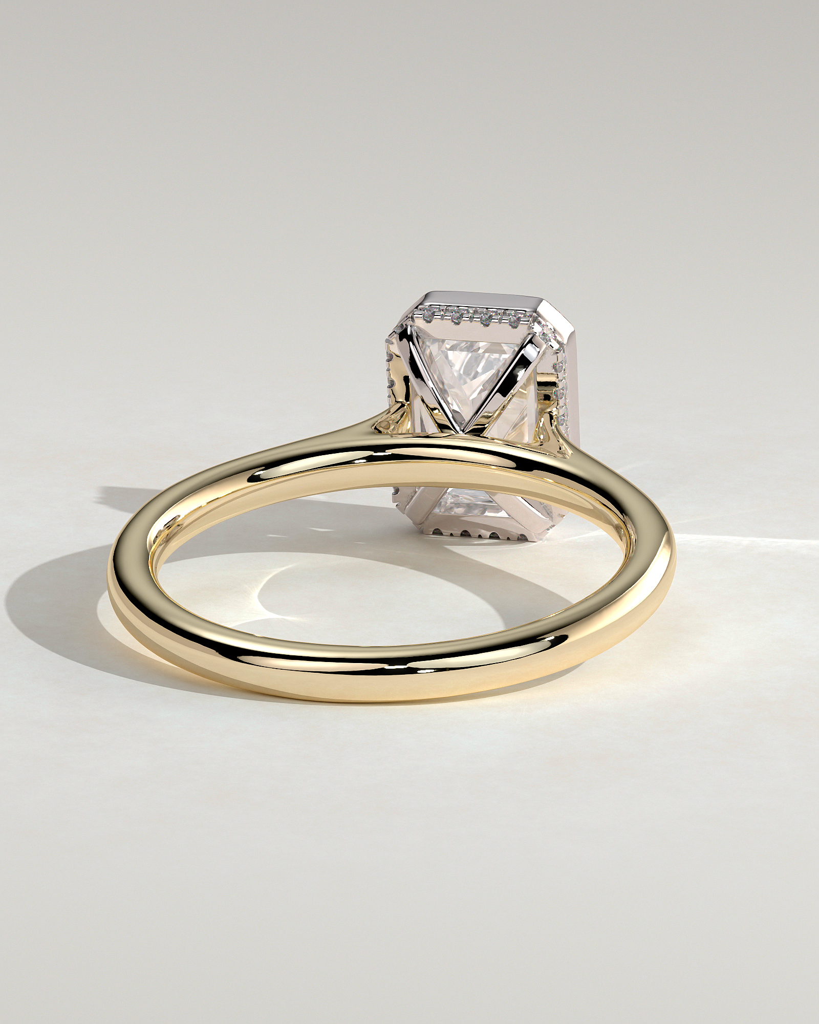 Emerald Bezel Solitaire with Hidden Halo and Cathedral Setting Engagement Ring - 18k Yellow Gold / 18k White Gold