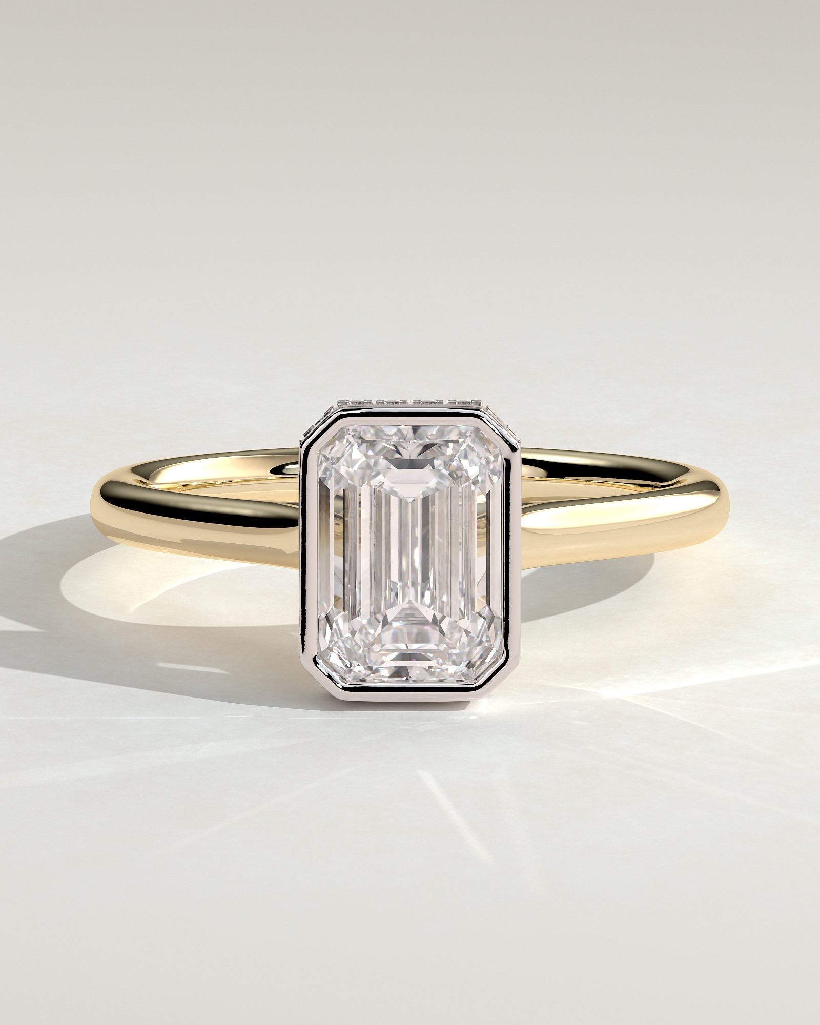 Emerald Bezel Solitaire with Hidden Halo and Cathedral Setting Engagement Ring - 18k Yellow Gold / 18k White Gold