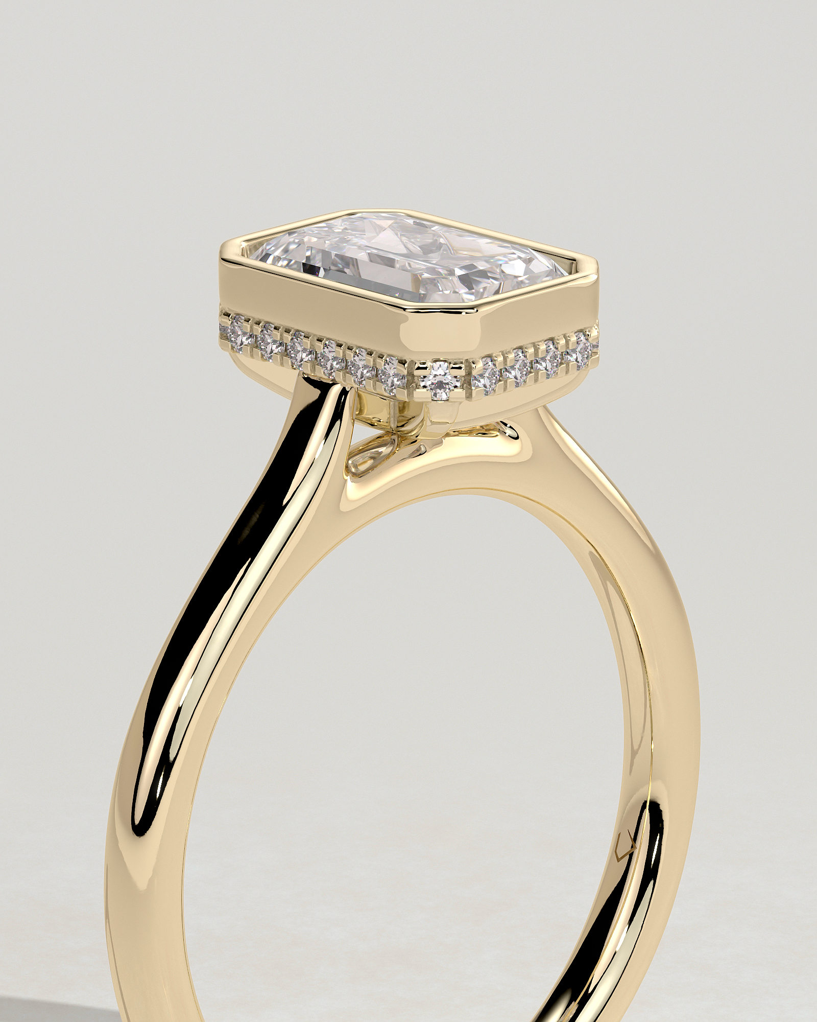 Emerald Bezel Solitaire with Hidden Halo and Cathedral Setting Engagement Ring - 18k Yellow Gold