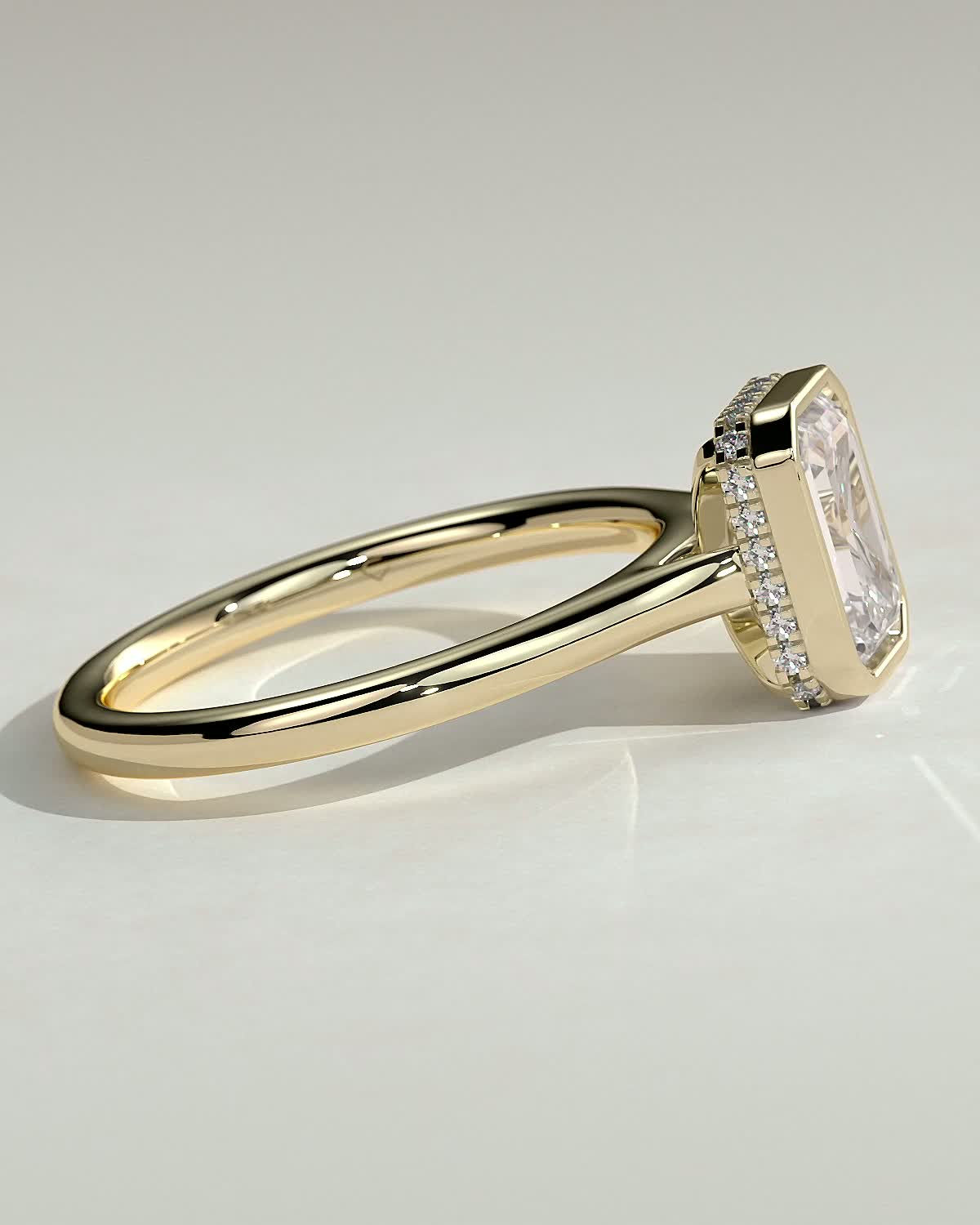 Emerald Bezel Solitaire with Hidden Halo and Cathedral Setting Engagement Ring - 18k Yellow Gold