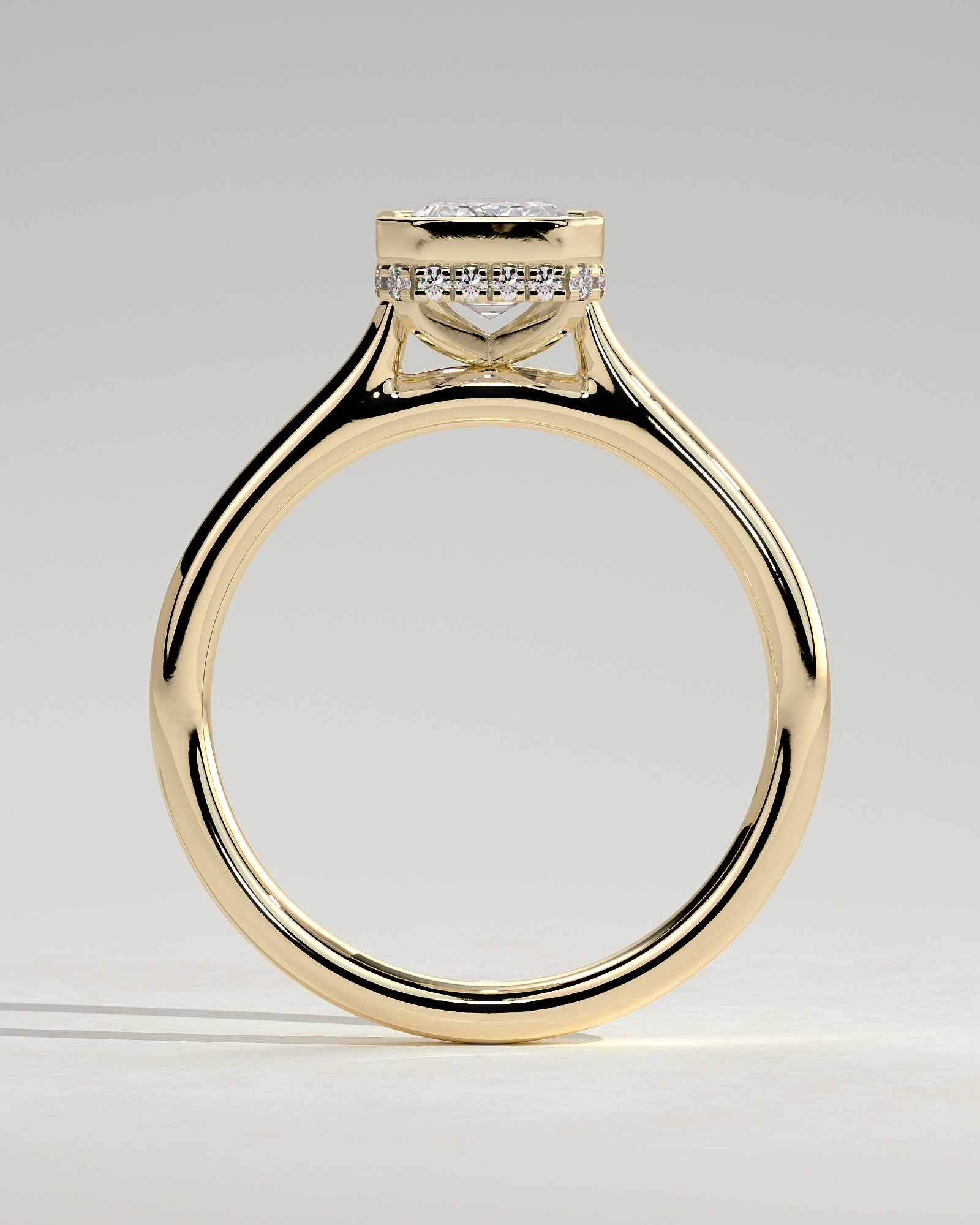 Emerald Bezel Solitaire with Hidden Halo and Cathedral Setting Engagement Ring - 18k Yellow Gold