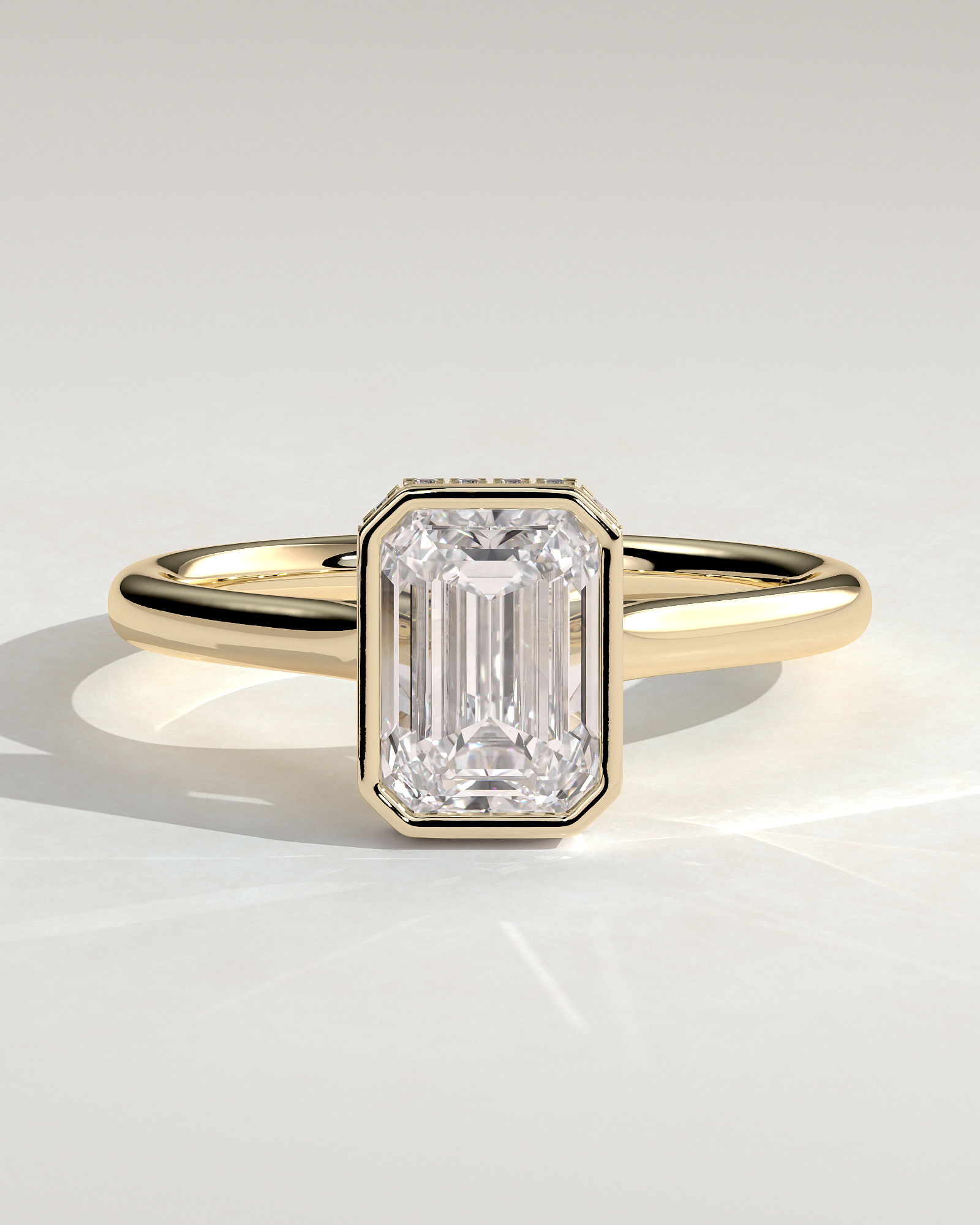 Emerald Bezel Solitaire with Hidden Halo and Cathedral Setting Engagement Ring - 18k Yellow Gold