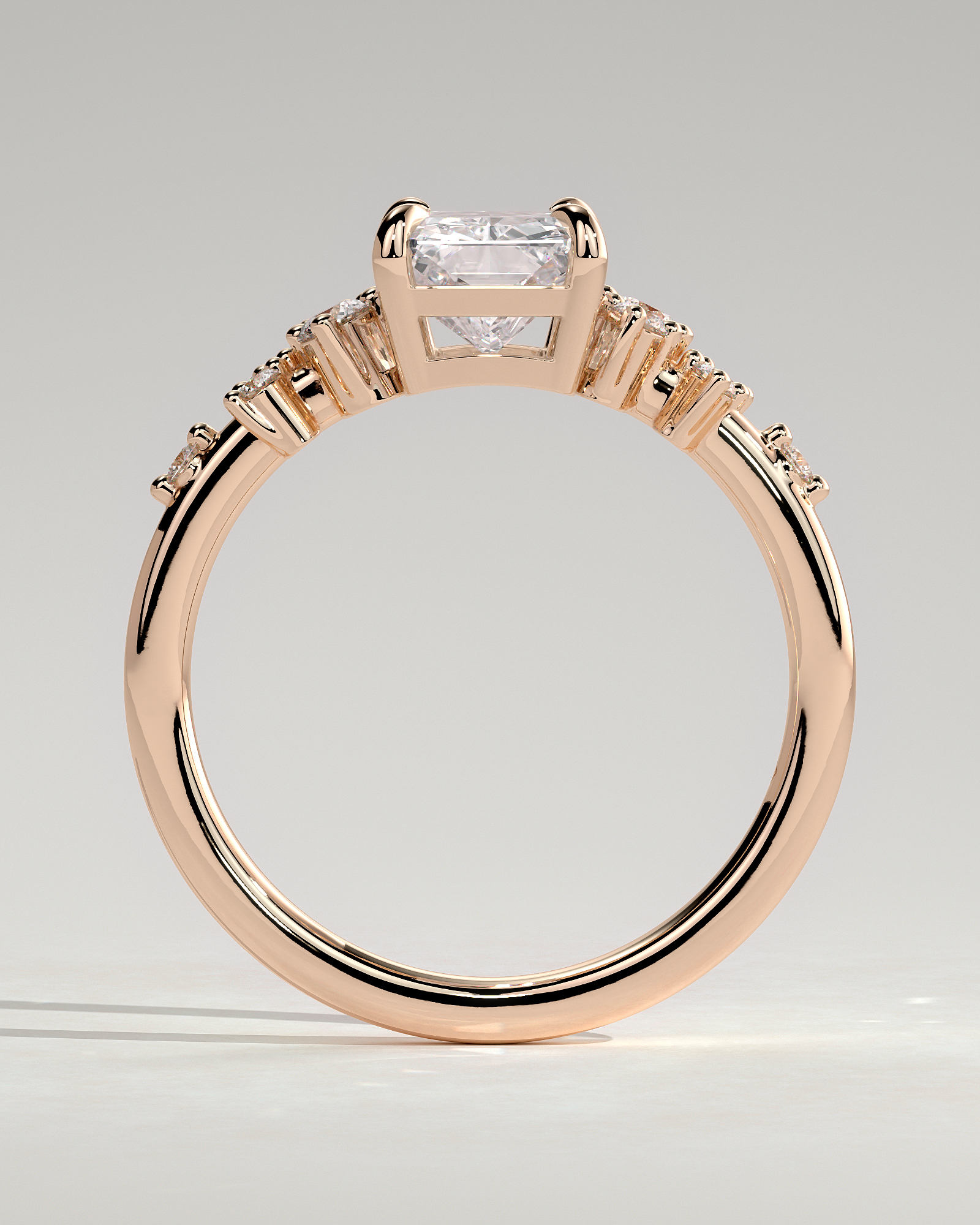 Radiant 4 Claw Solitaire with Clustered Round Shoulder Stones Engagement Ring - 18k Rose Gold