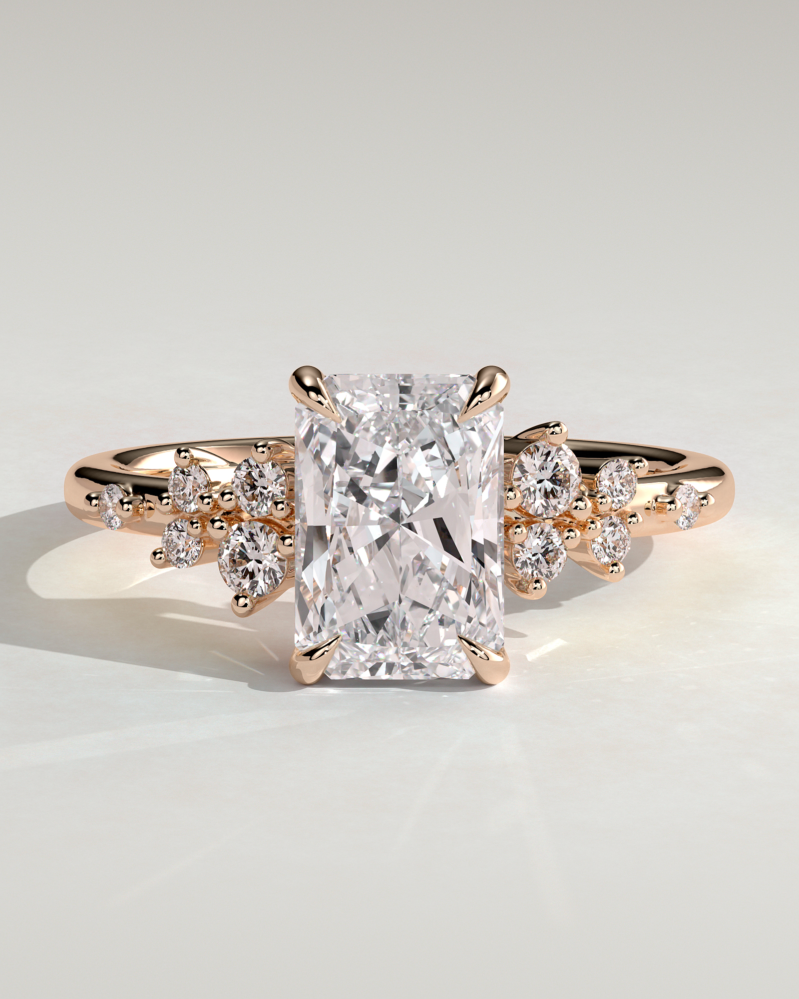 Radiant 4 Claw Solitaire with Clustered Round Shoulder Stones Engagement Ring - 18k Rose Gold