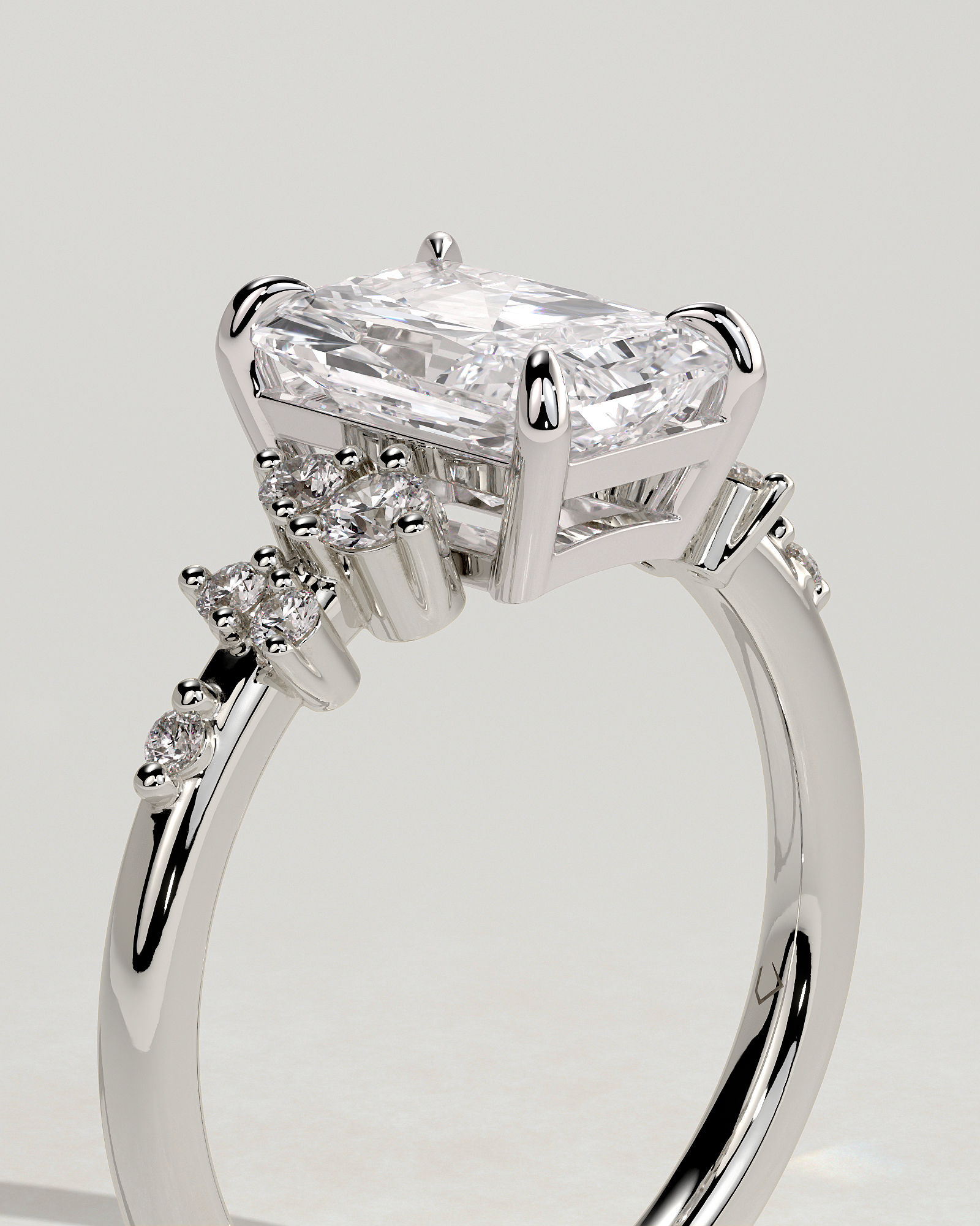 Radiant 4 Claw Solitaire with Clustered Round Shoulder Stones Engagement Ring - 18k White Gold
