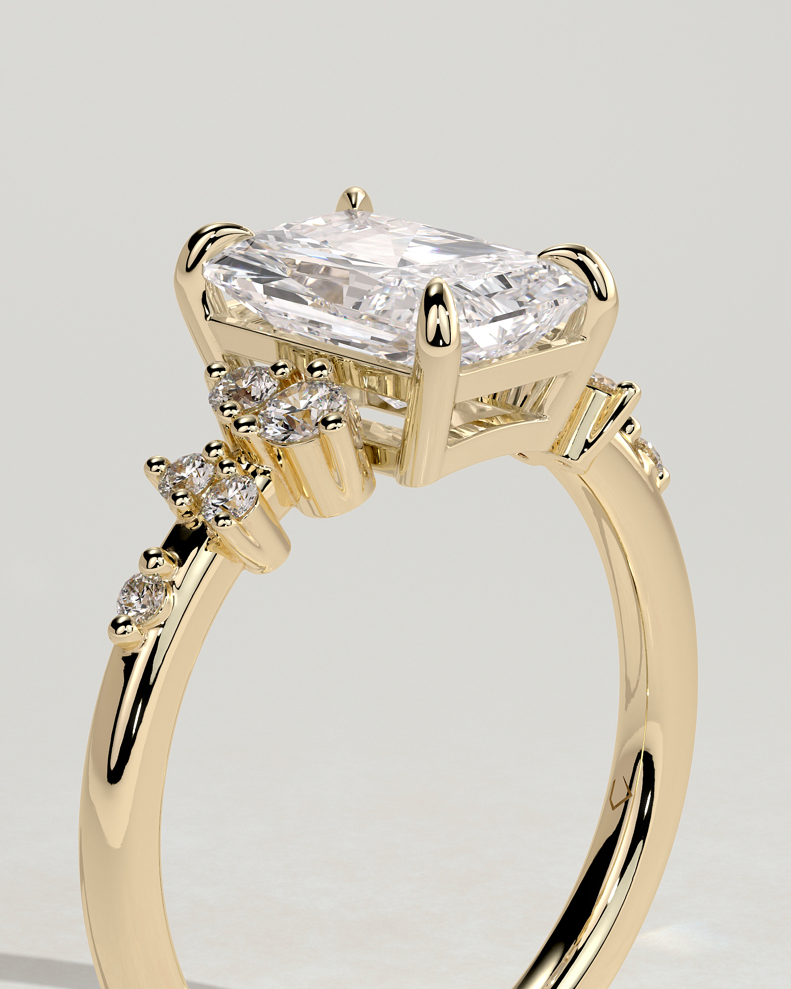 Radiant 4 Claw Solitaire with Clustered Round Shoulder Stones Engagement Ring - 18k Yellow Gold