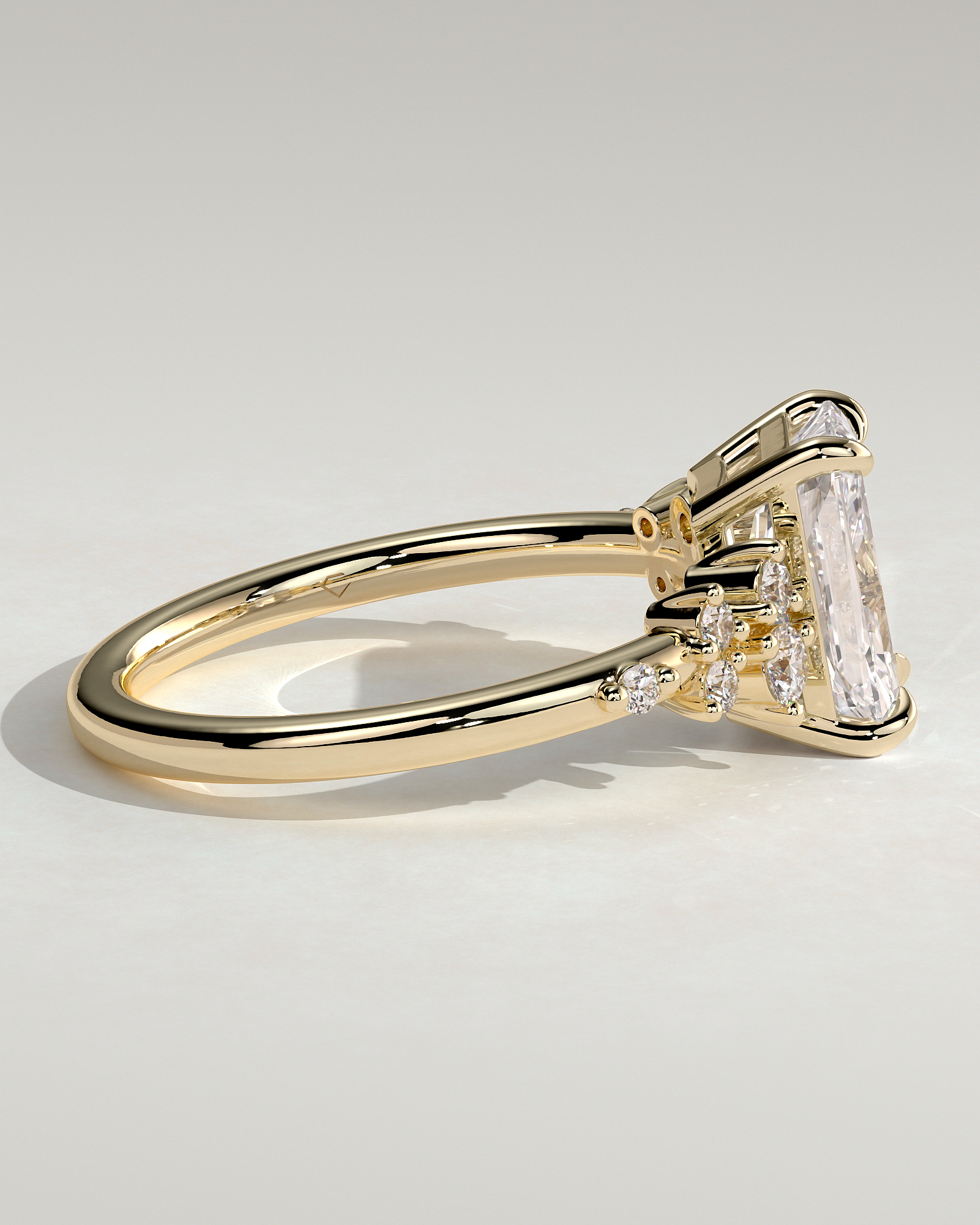 Radiant 4 Claw Solitaire with Clustered Round Shoulder Stones Engagement Ring - 18k Yellow Gold