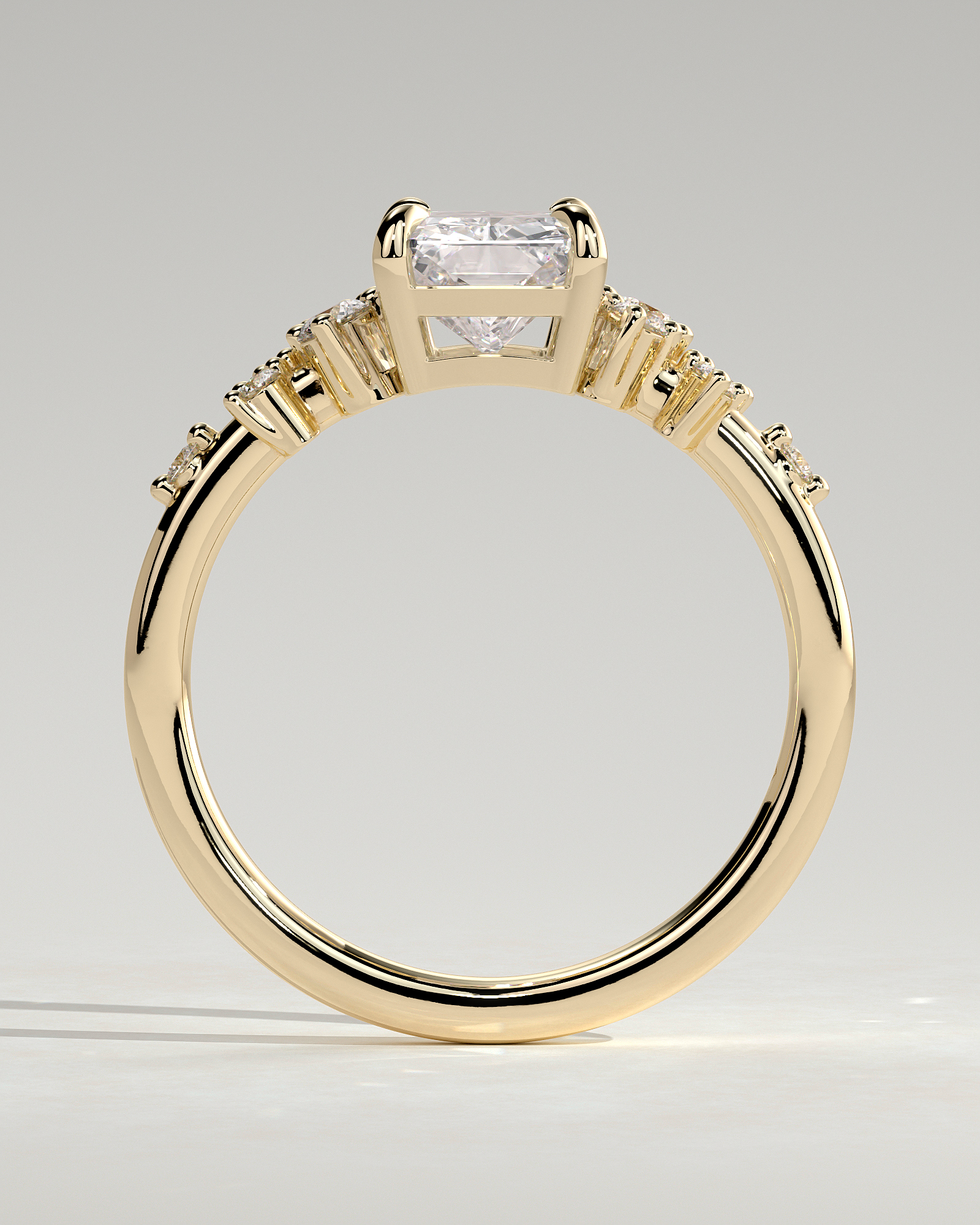 Radiant 4 Claw Solitaire with Clustered Round Shoulder Stones Engagement Ring - 18k Yellow Gold