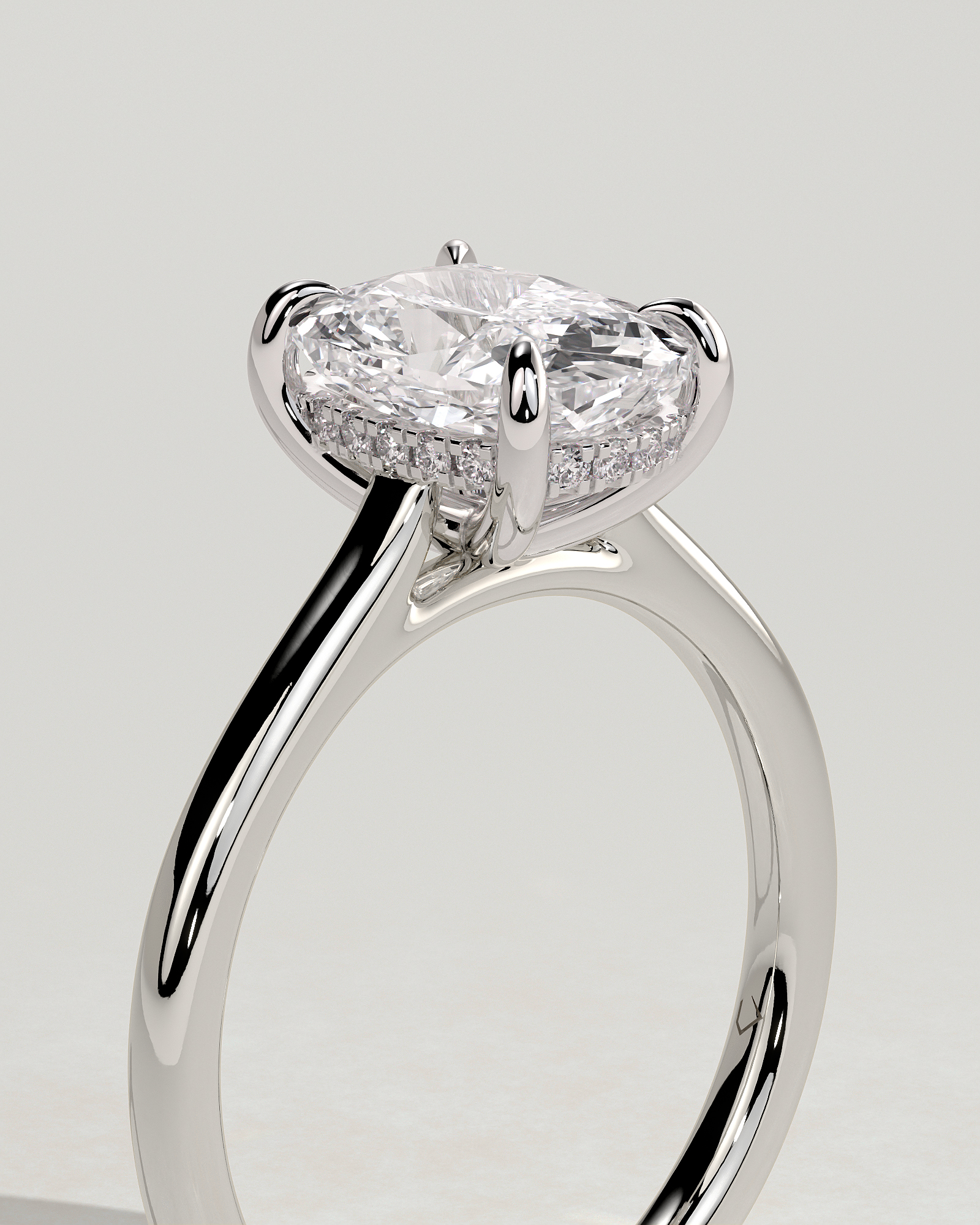 Yasmine - Elongated Cushion Cathedral Solitaire with Hidden Halo and Pav - 18k White Gold