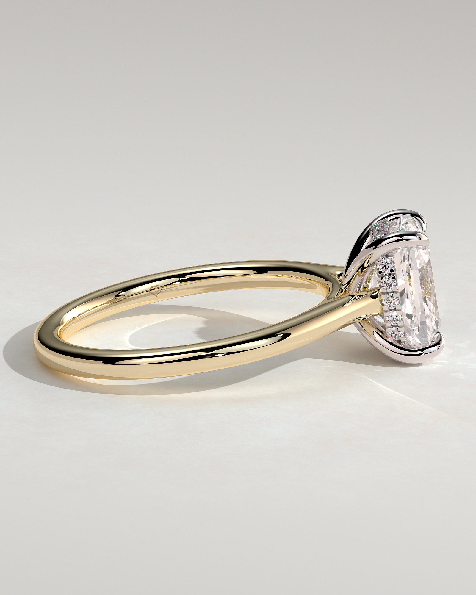 Yasmine - Elongated Cushion Cathedral Solitaire with Hidden Halo and Pav - 18k Yellow Gold / 18k White Gold
