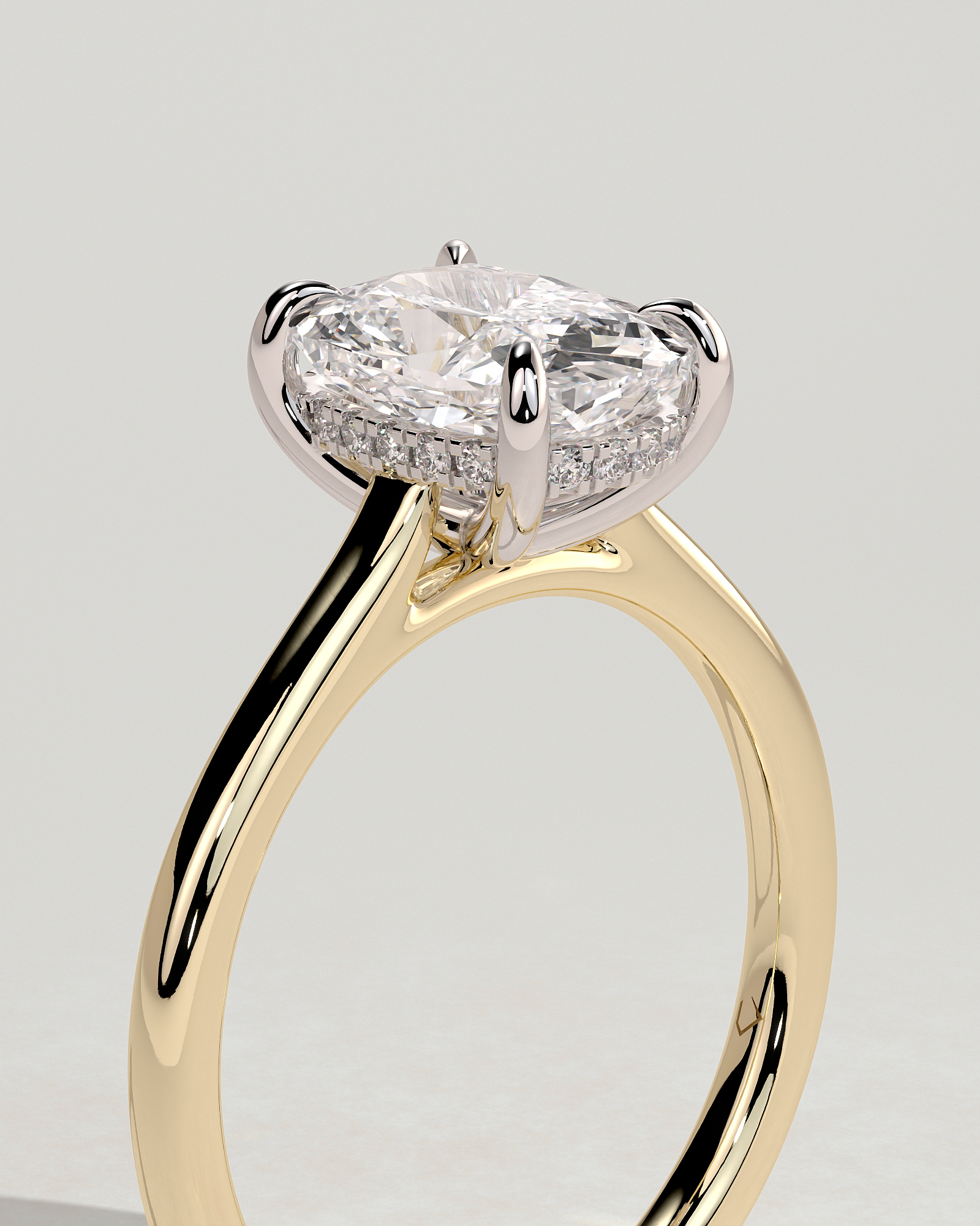 Yasmine - Elongated Cushion Cathedral Solitaire with Hidden Halo and Pav - 18k Yellow Gold / 18k White Gold