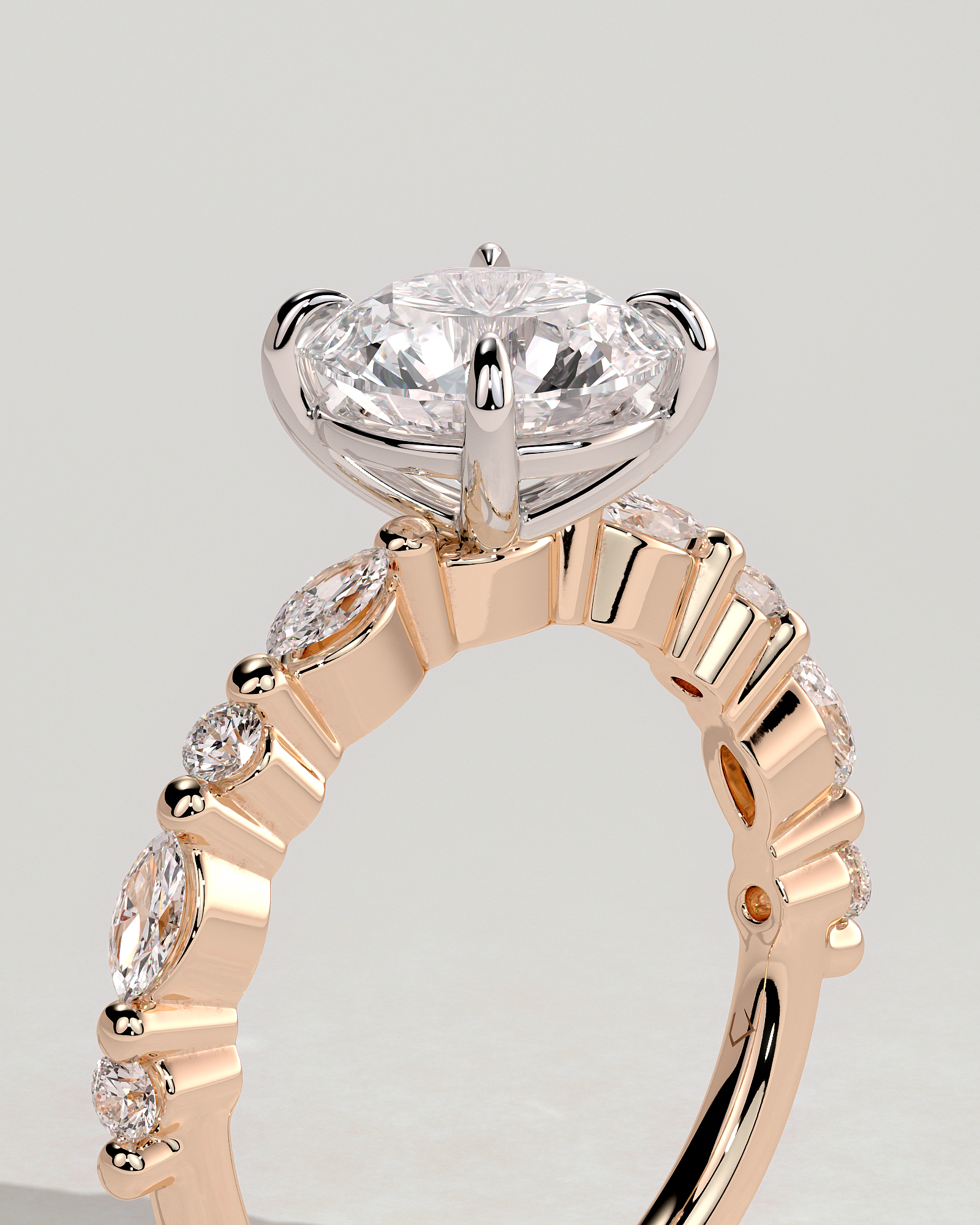 Zade - Round Solitaire with Accent Band - 18k Rose Gold / 18k White Gold