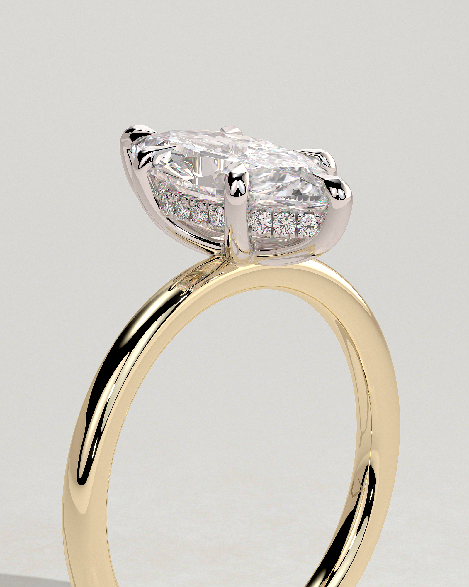 Zariyah - Marquise Solitaire with 6 Claw Setting and Hidden Halo - 18k Yellow Gold / 18k White Gold