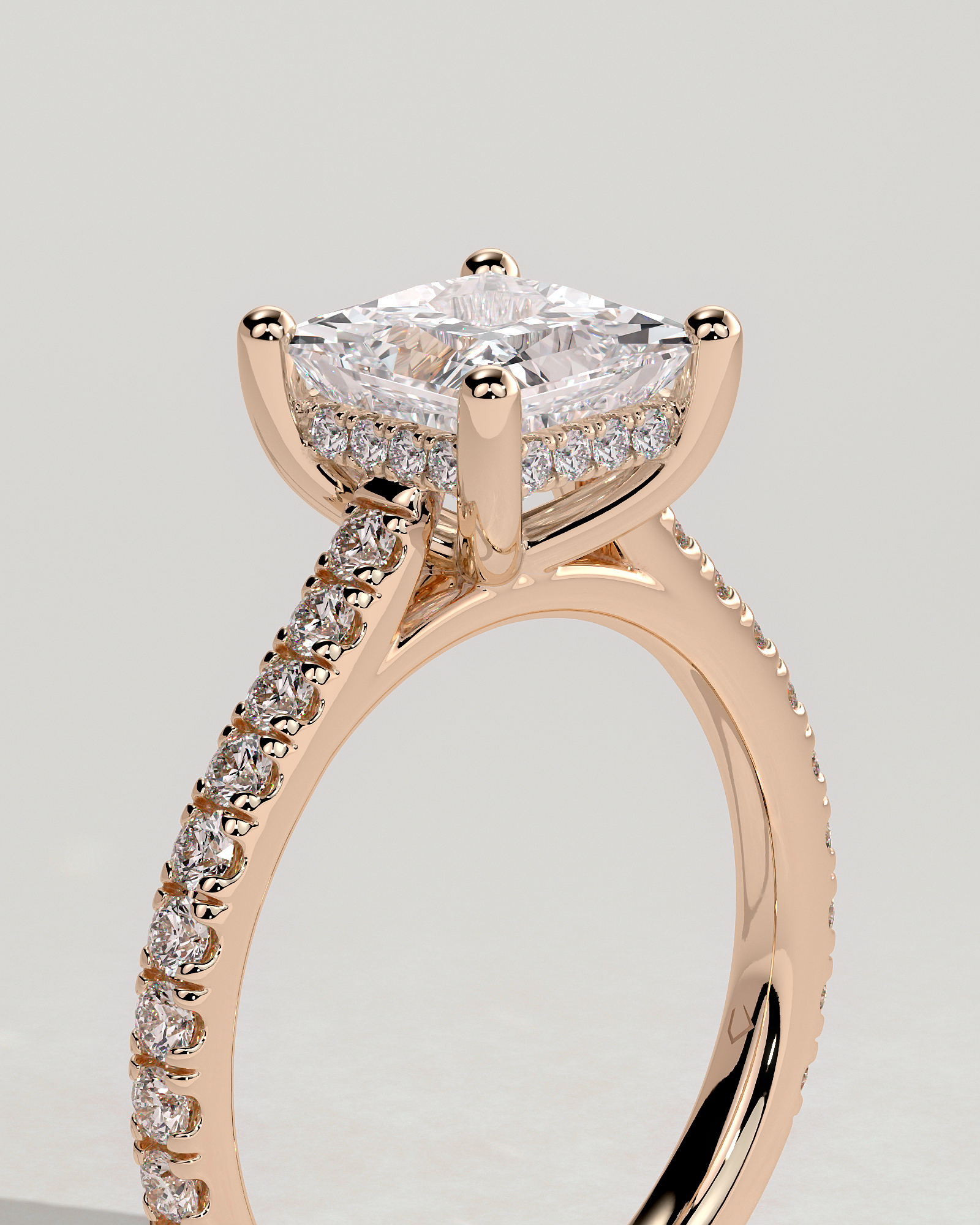 Zendaya - 4 Claw Princess Solitaire with Hidden Halo and pave band - 18k Rose Gold