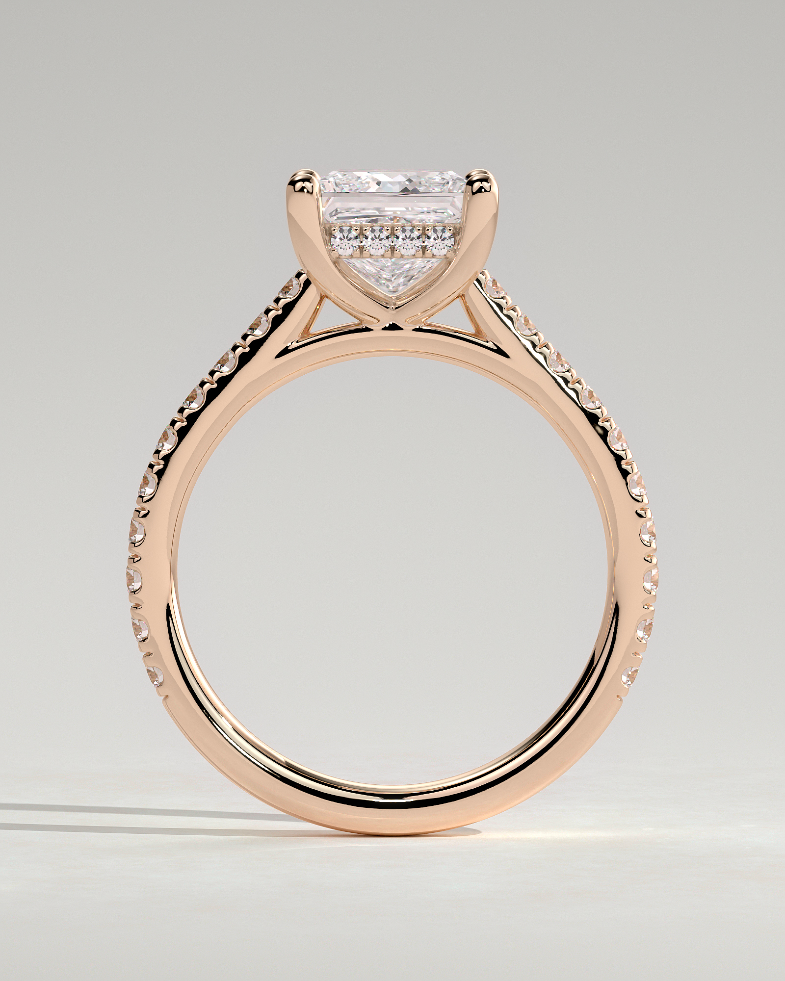Zendaya - 4 Claw Princess Solitaire with Hidden Halo and pave band - 18k Rose Gold