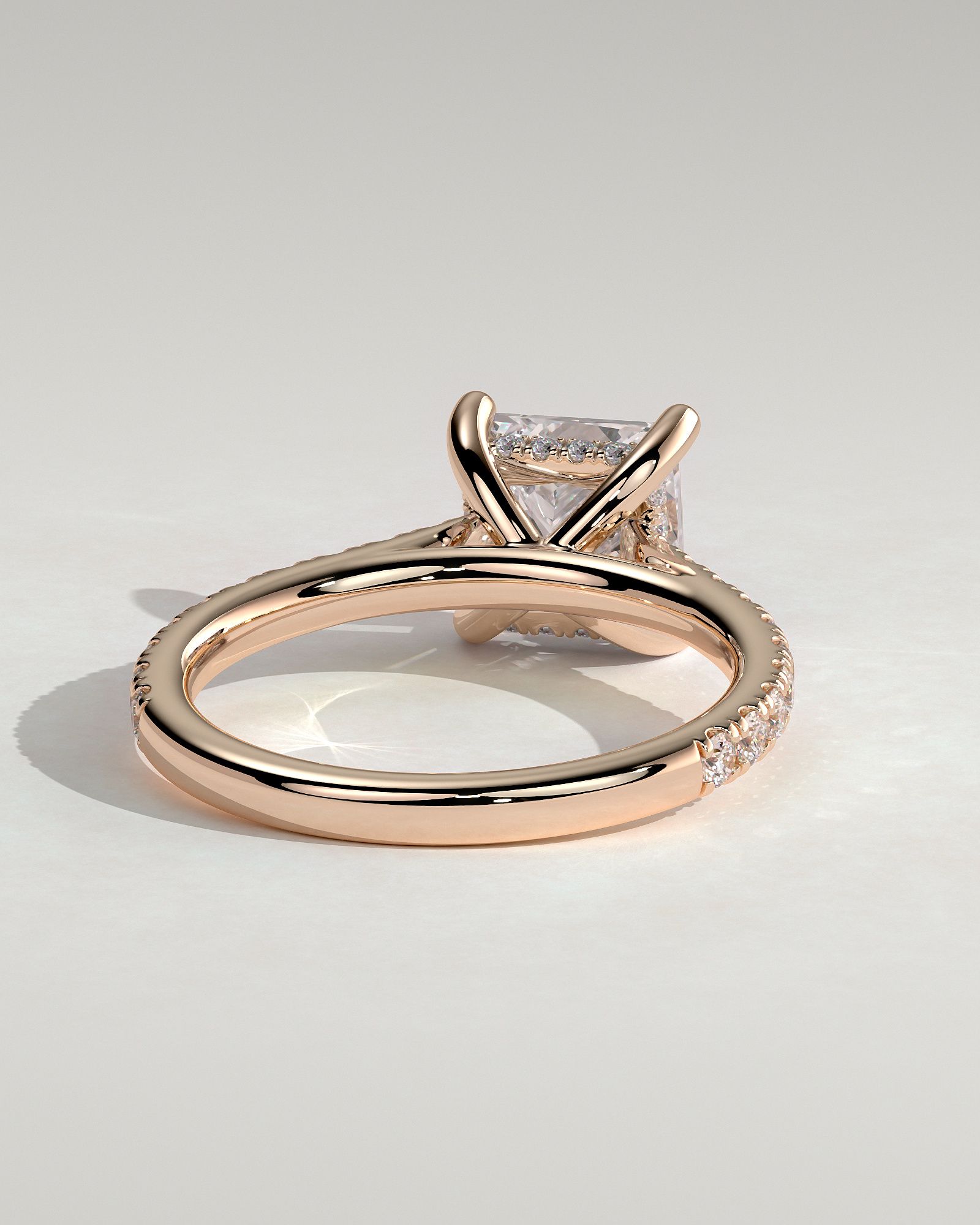 Zendaya - 4 Claw Princess Solitaire with Hidden Halo and pave band - 18k Rose Gold
