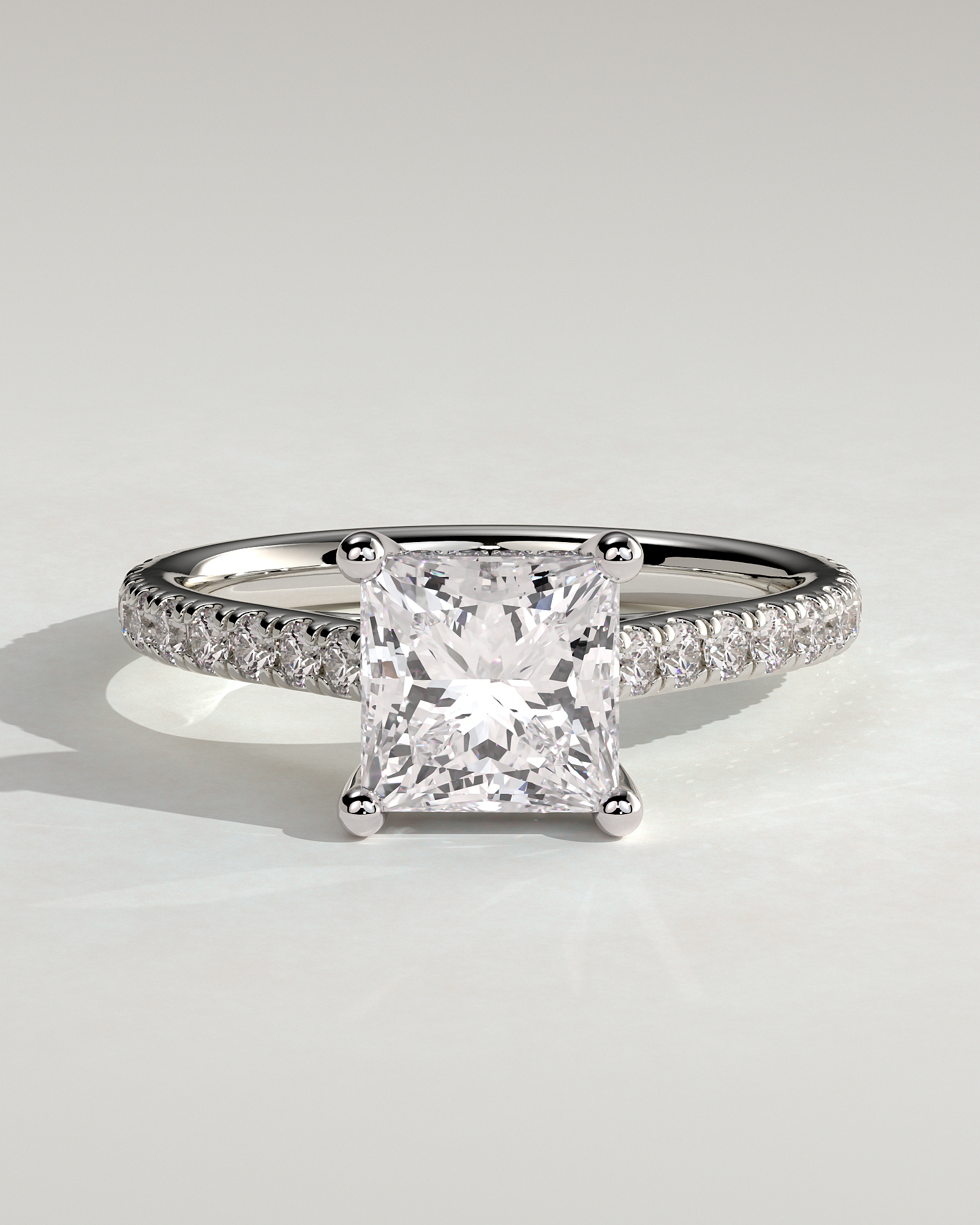 Zendaya - 4 Claw Princess Solitaire with Hidden Halo and pave band - 18k White Gold