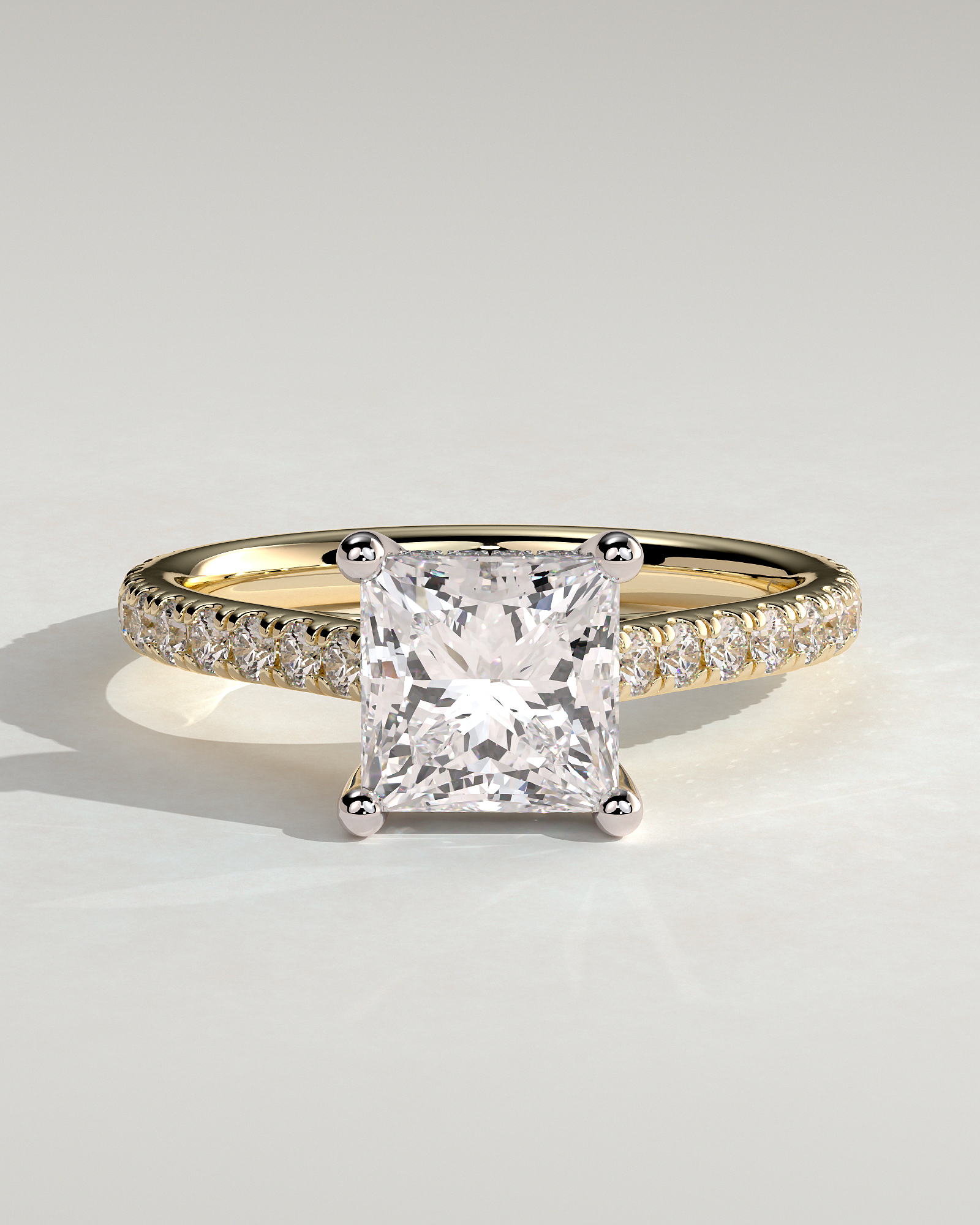 Zendaya - 4 Claw Princess Solitaire with Hidden Halo and pave band - 18k Yellow Gold / 18k White Gold