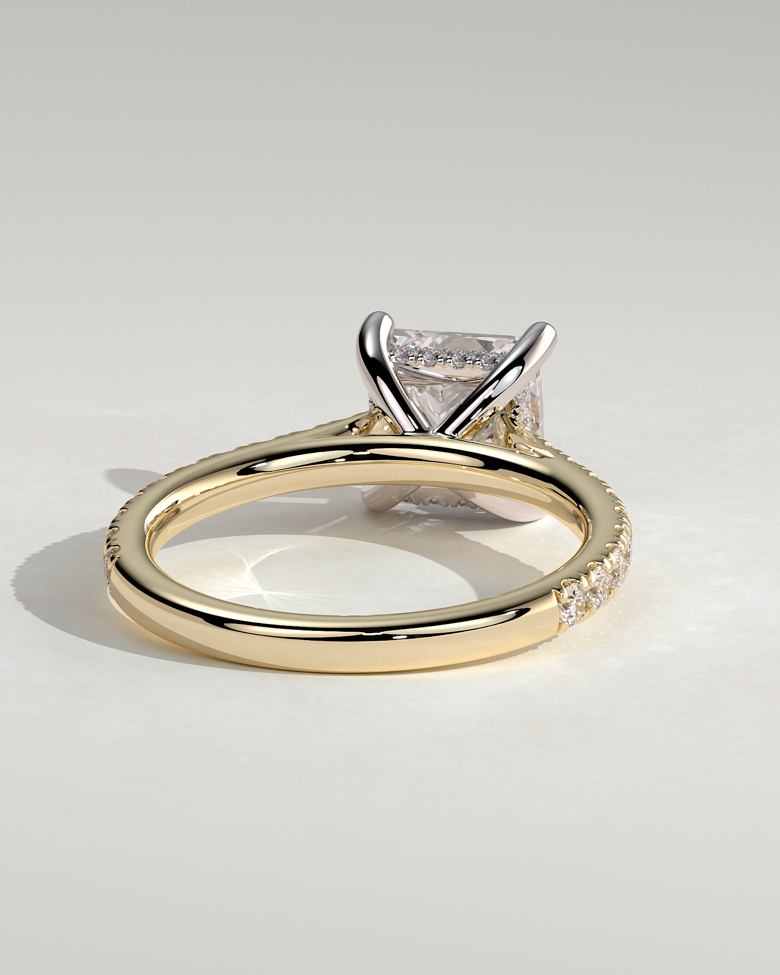 Zendaya - 4 Claw Princess Solitaire with Hidden Halo and pave band - 18k Yellow Gold / 18k White Gold