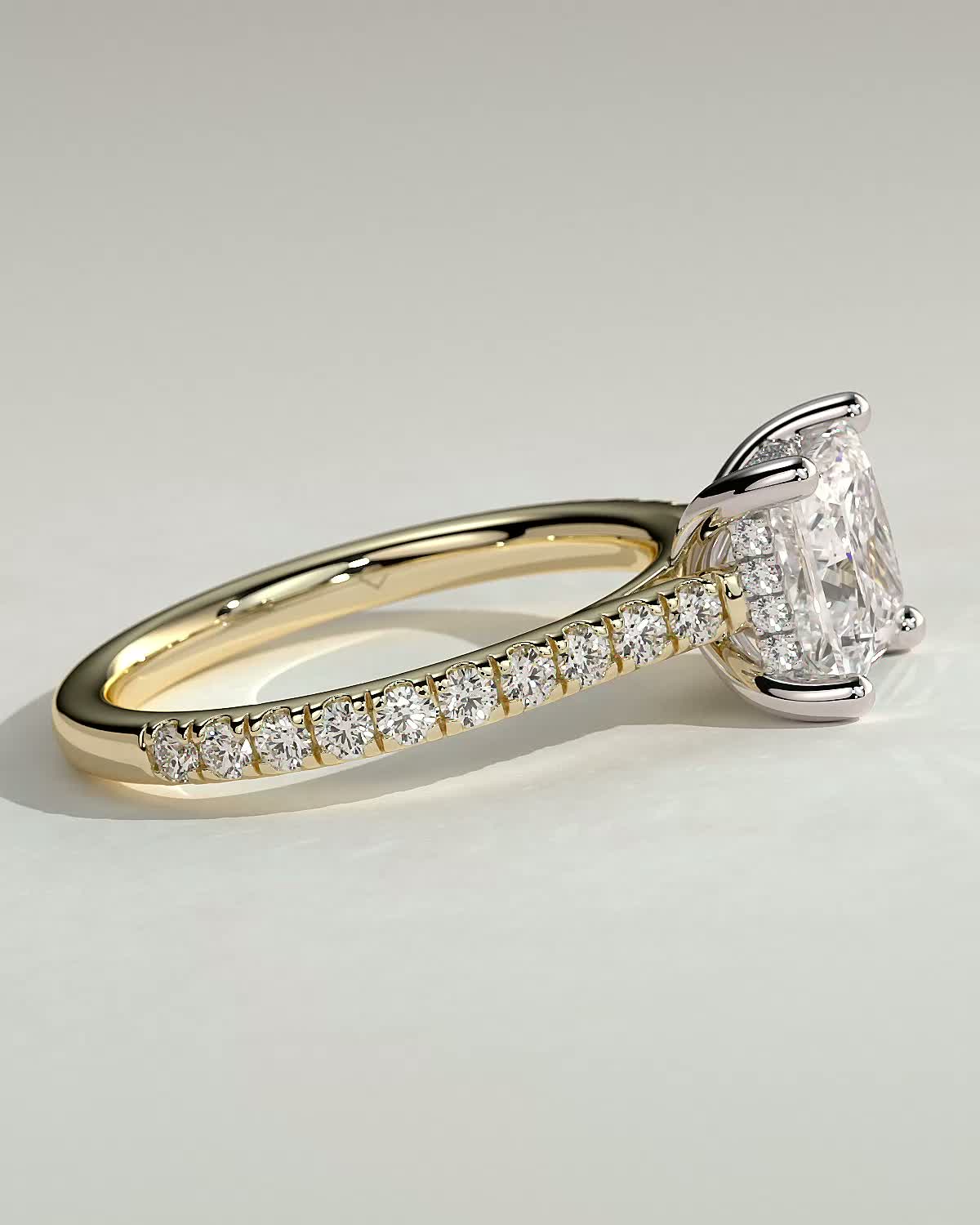 Zendaya - 4 Claw Princess Solitaire with Hidden Halo and pave band - 18k Yellow Gold / 18k White Gold