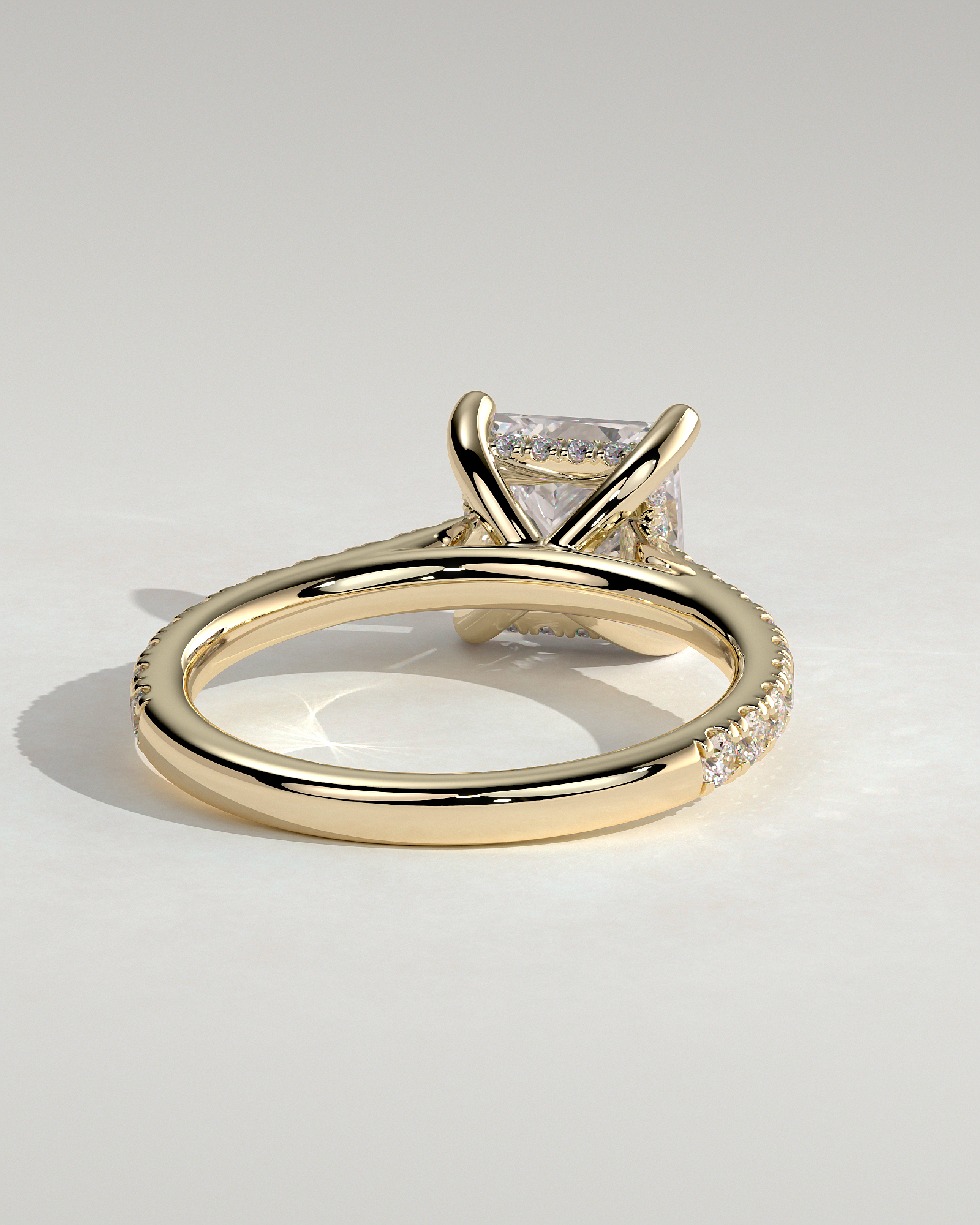 Zendaya - 4 Claw Princess Solitaire with Hidden Halo and pave band - 18k Yellow Gold