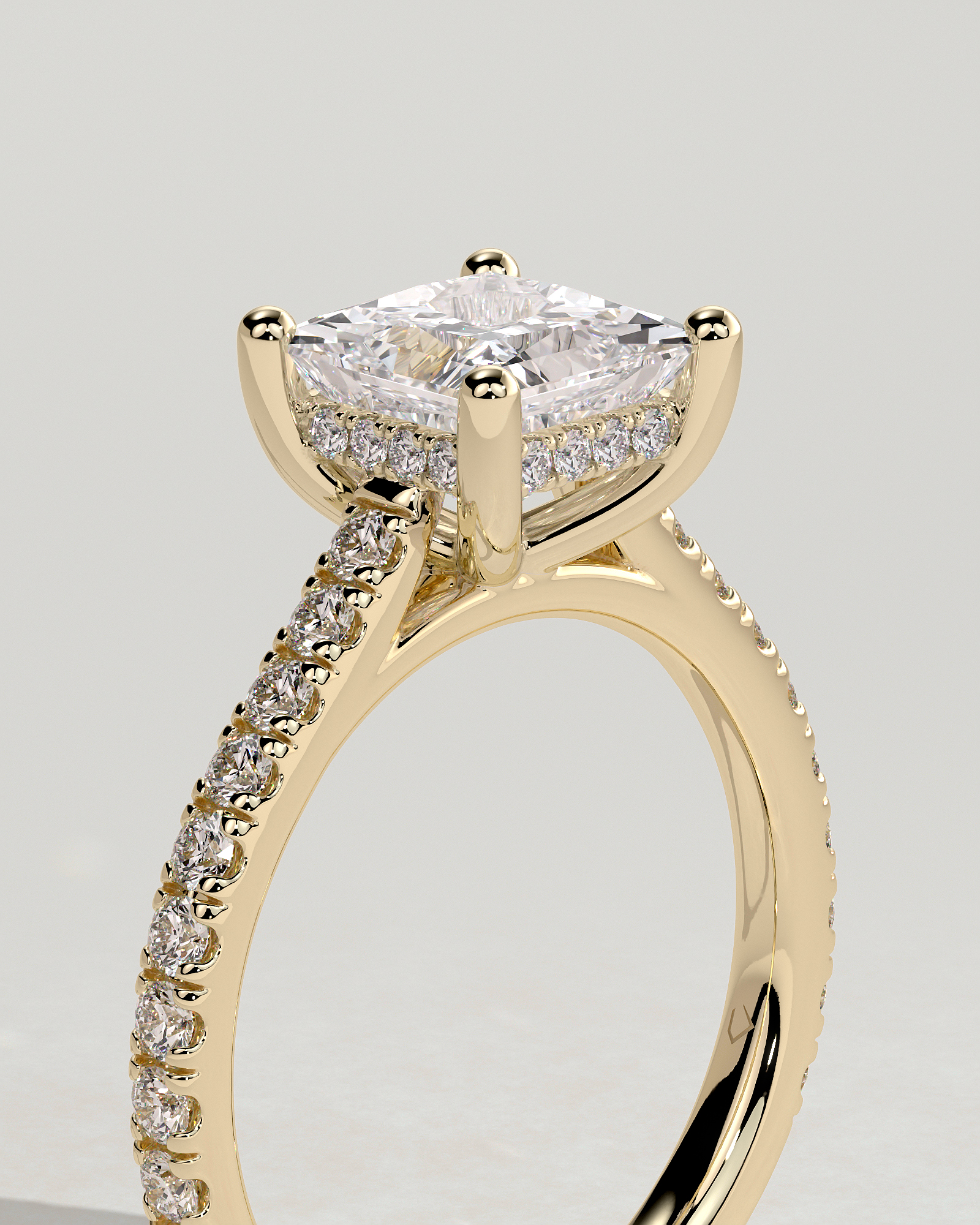 Zendaya - 4 Claw Princess Solitaire with Hidden Halo and pave band - 18k Yellow Gold