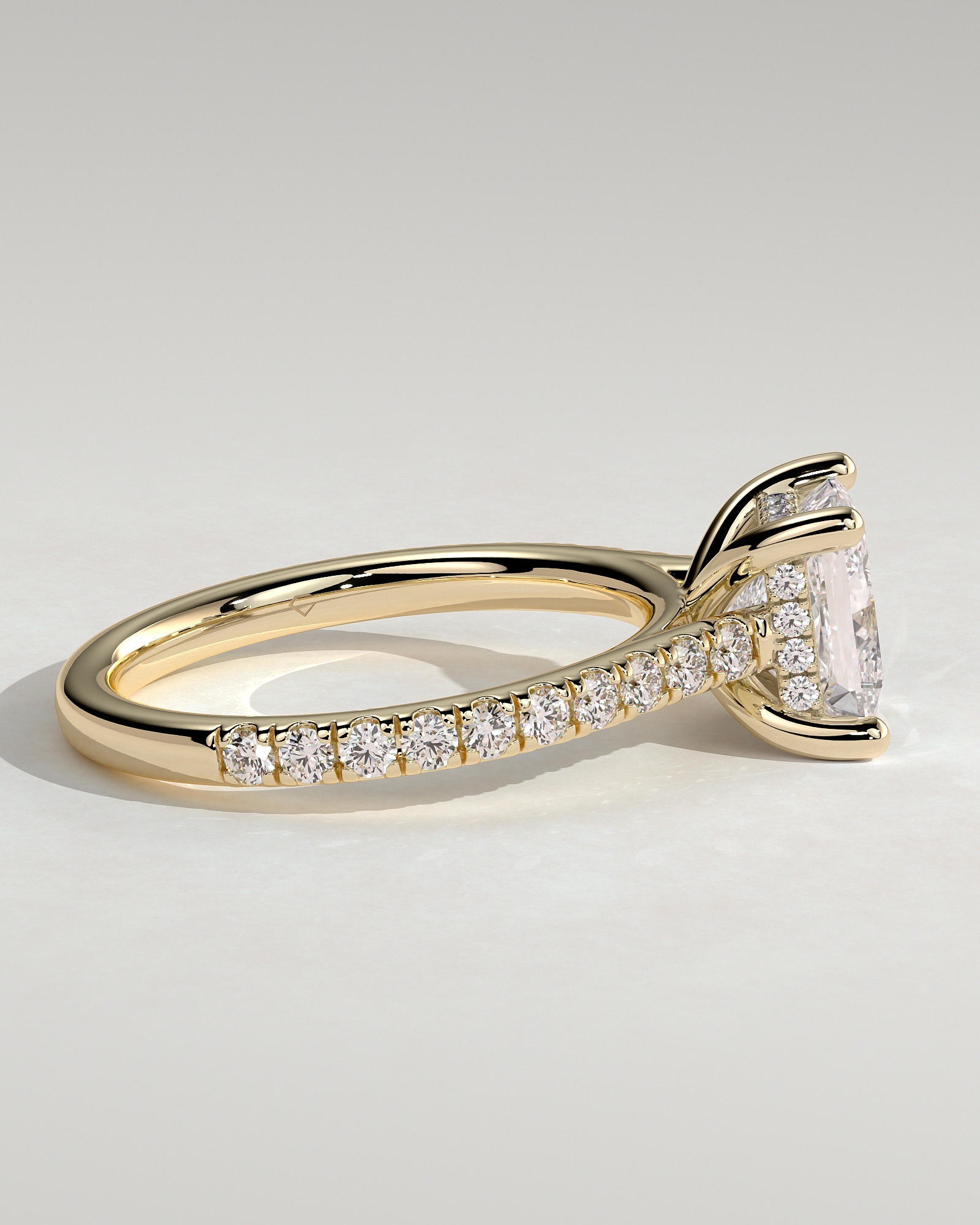 Zendaya - 4 Claw Princess Solitaire with Hidden Halo and pave band - 18k Yellow Gold