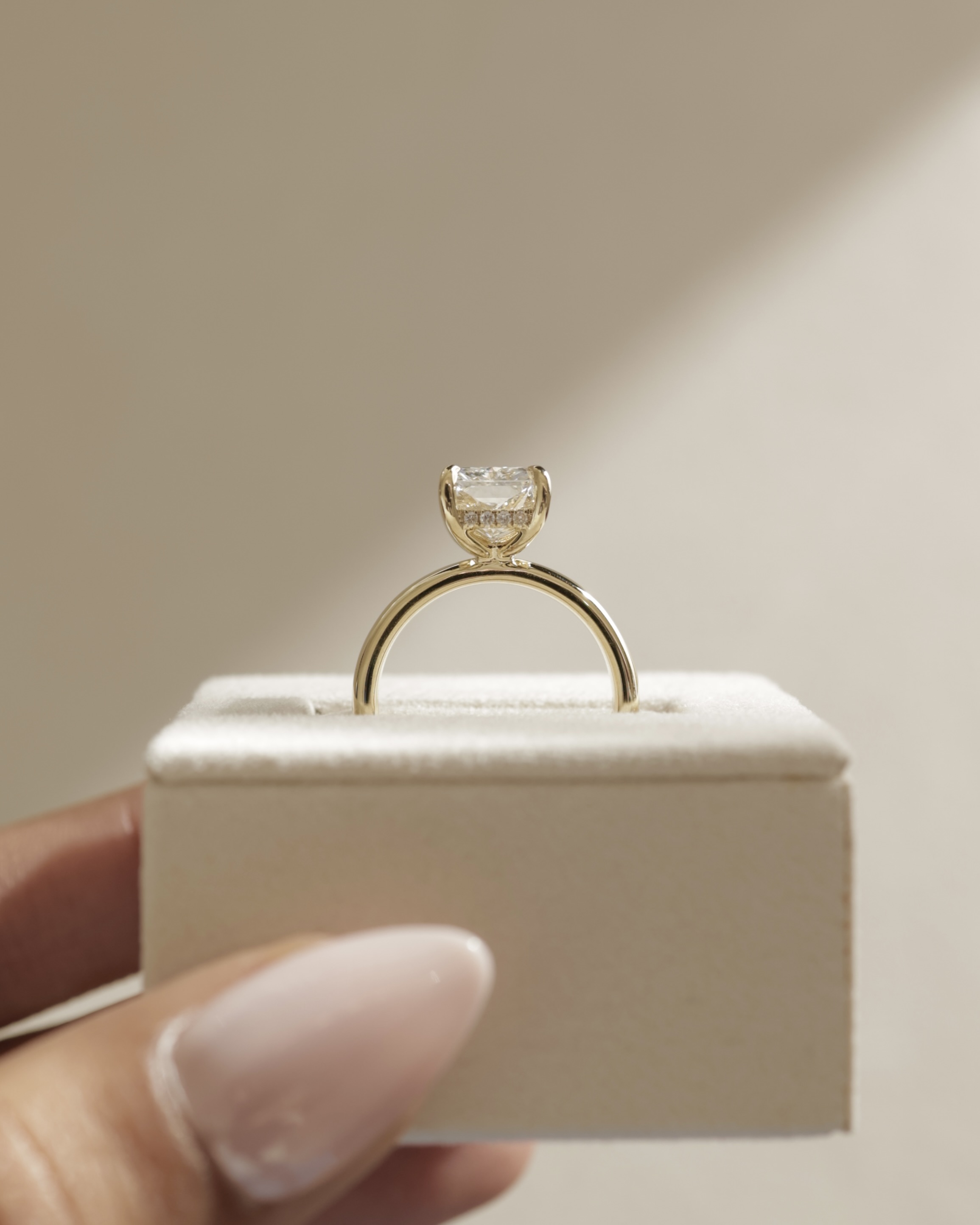 Angelina - Radiant Solitaire with Hidden Halo and Cigar Band Lifestyle Image