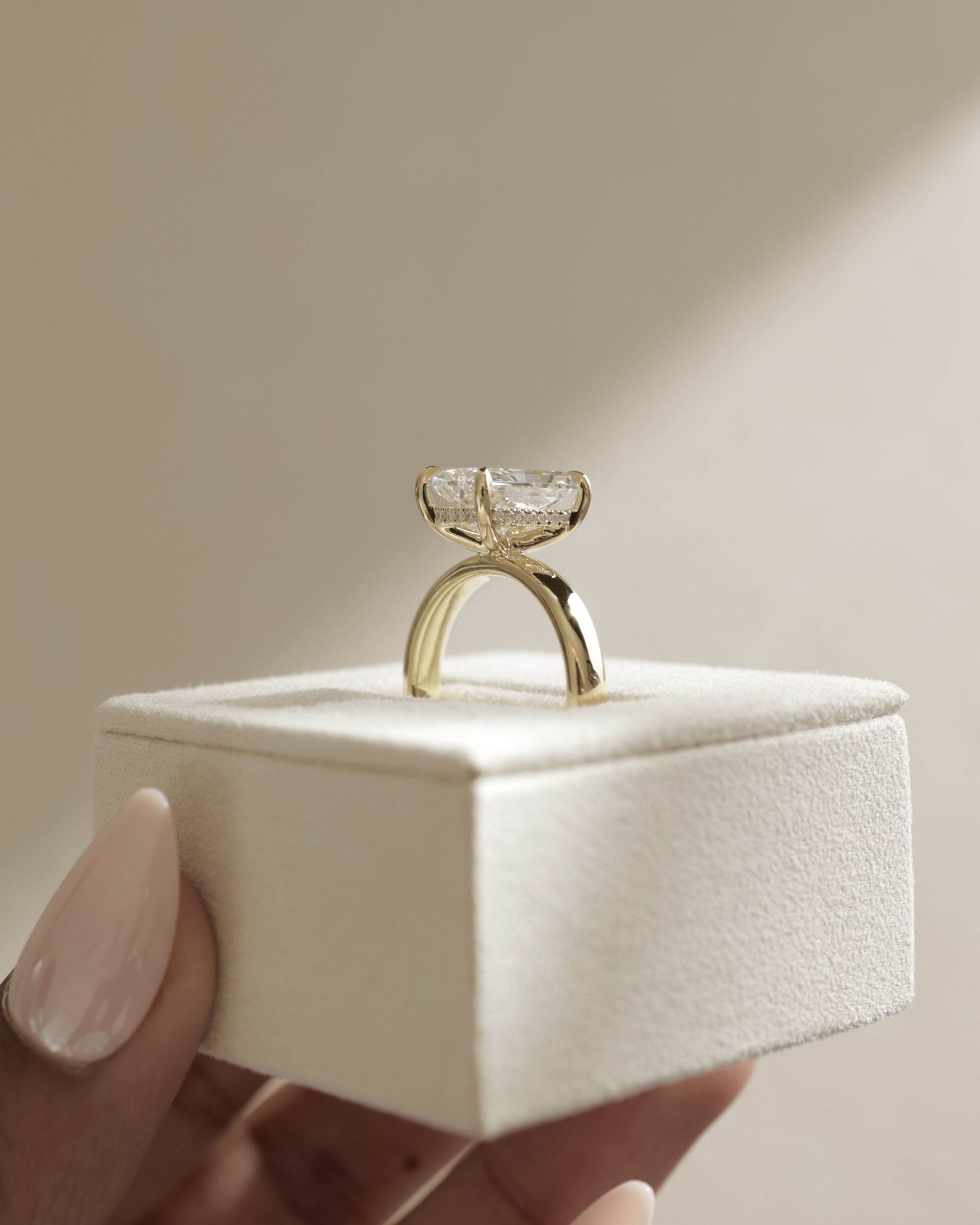 Angelina - Radiant Solitaire with Hidden Halo and Cigar Band Lifestyle Image