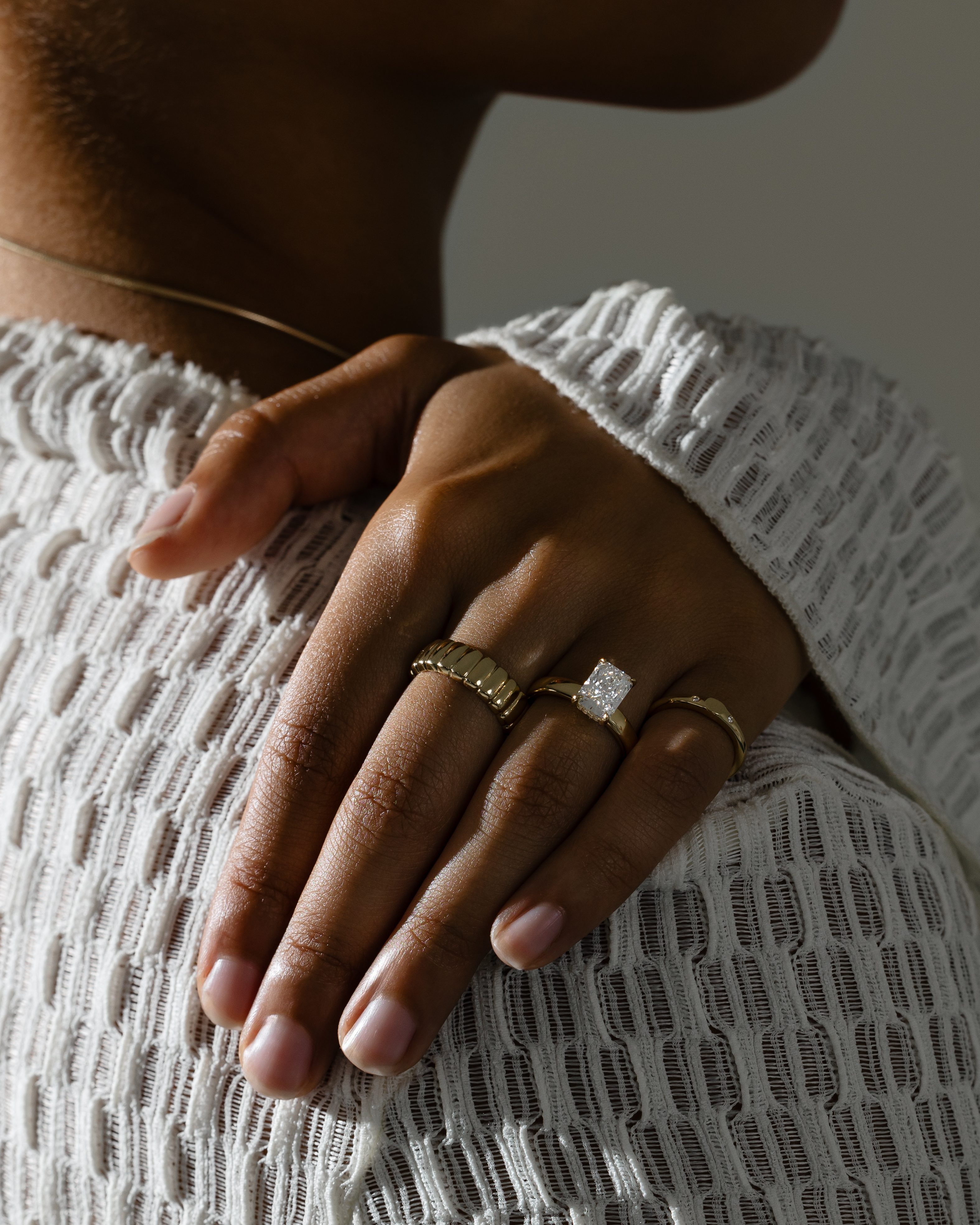 Angelina - Radiant Solitaire with Hidden Halo and Cigar Band Lifestyle Image