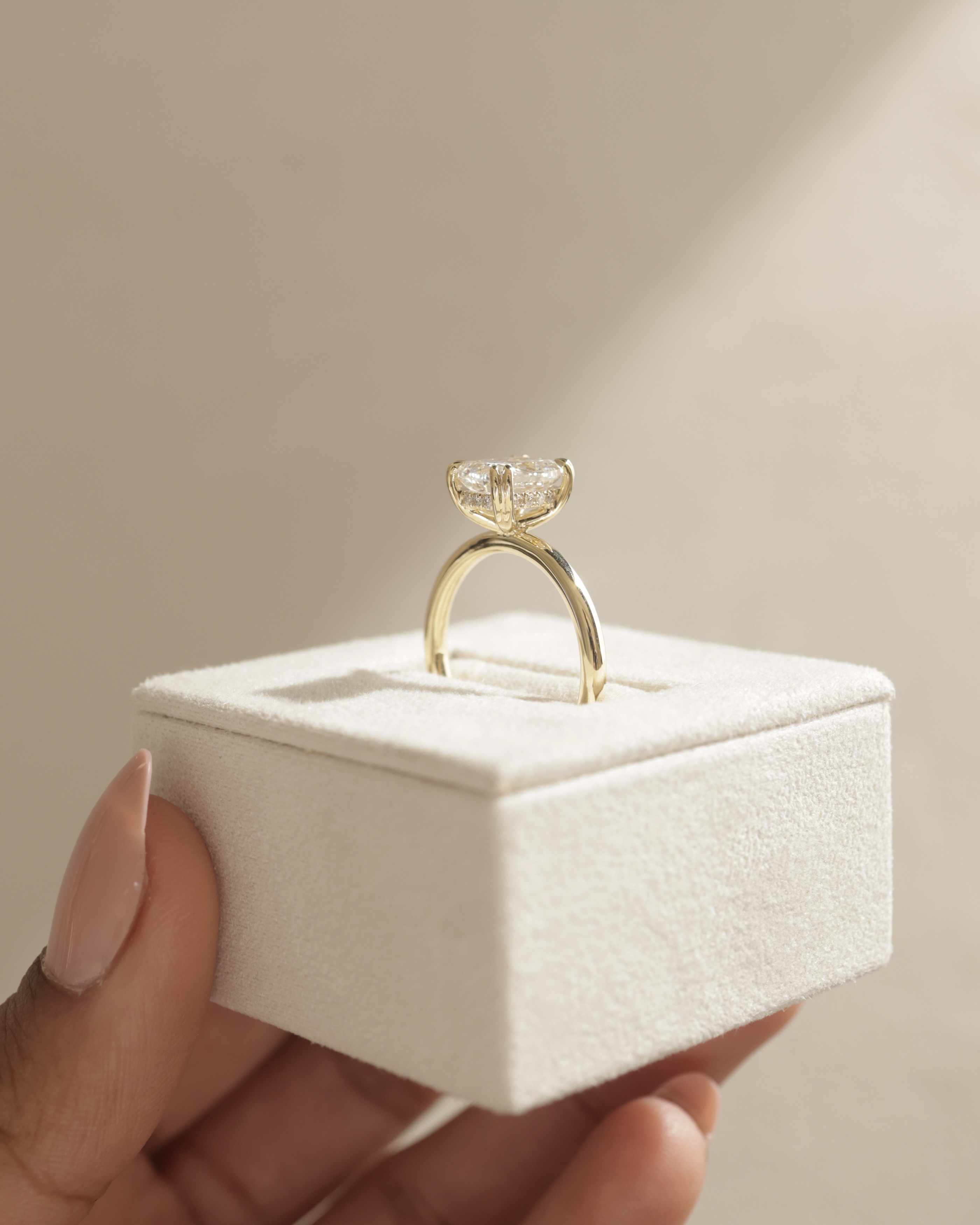 Aubrey - Double-Tipped 4 Claw Elongated Cushion Solitaire with Hidden Halo Lifestyle Image