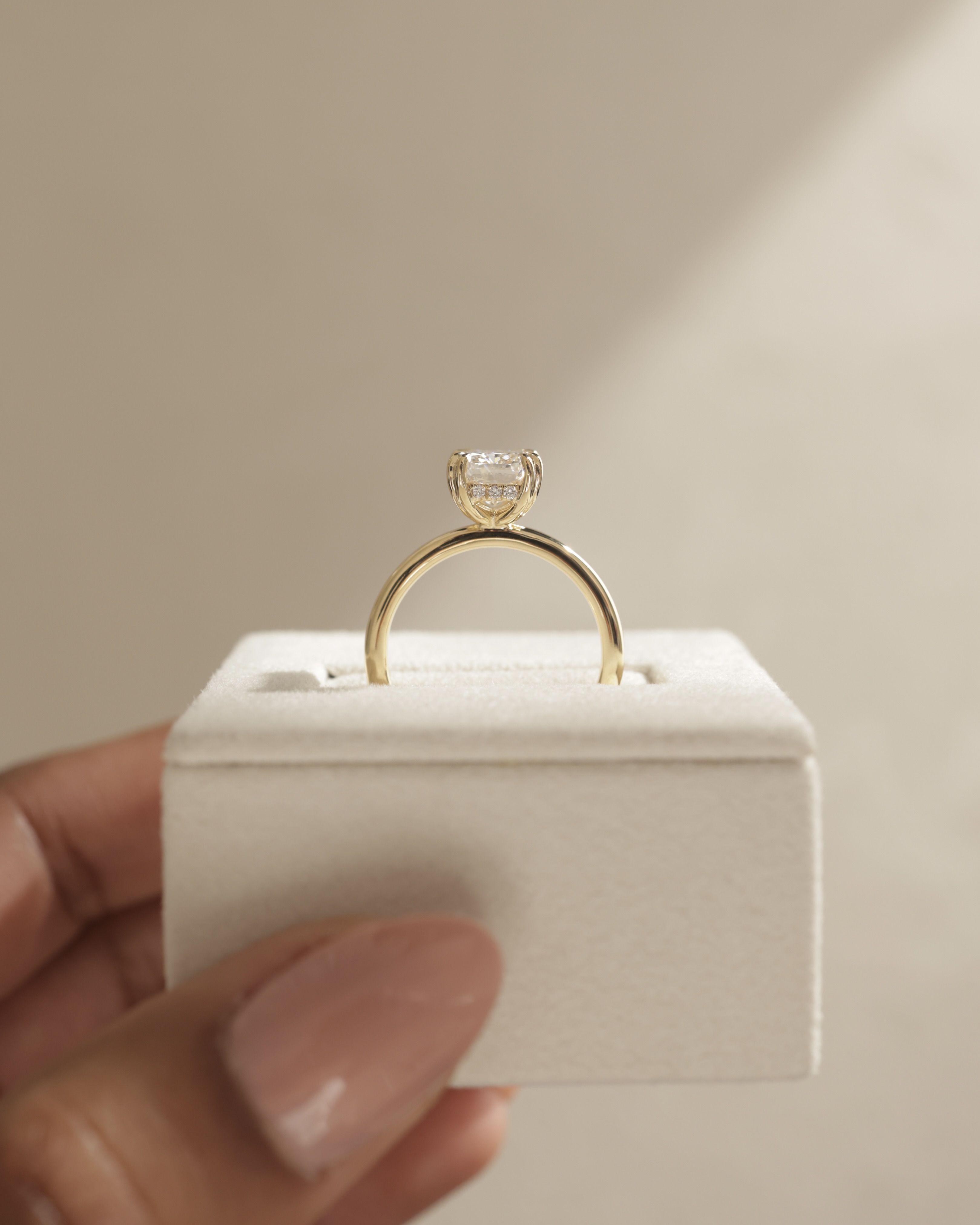Aubrey - Double-Tipped 4 Claw Elongated Cushion Solitaire with Hidden Halo Lifestyle Image