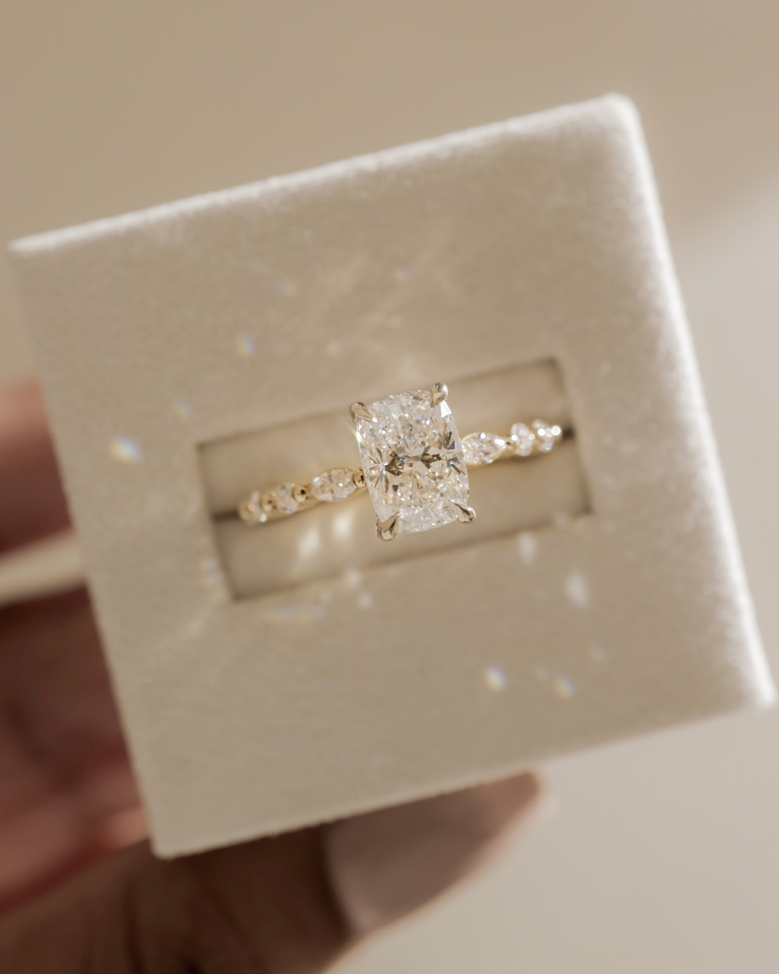 Cali - 4 Claw Elongated Cushion Solitaire with Accent Stones Lifestyle Image