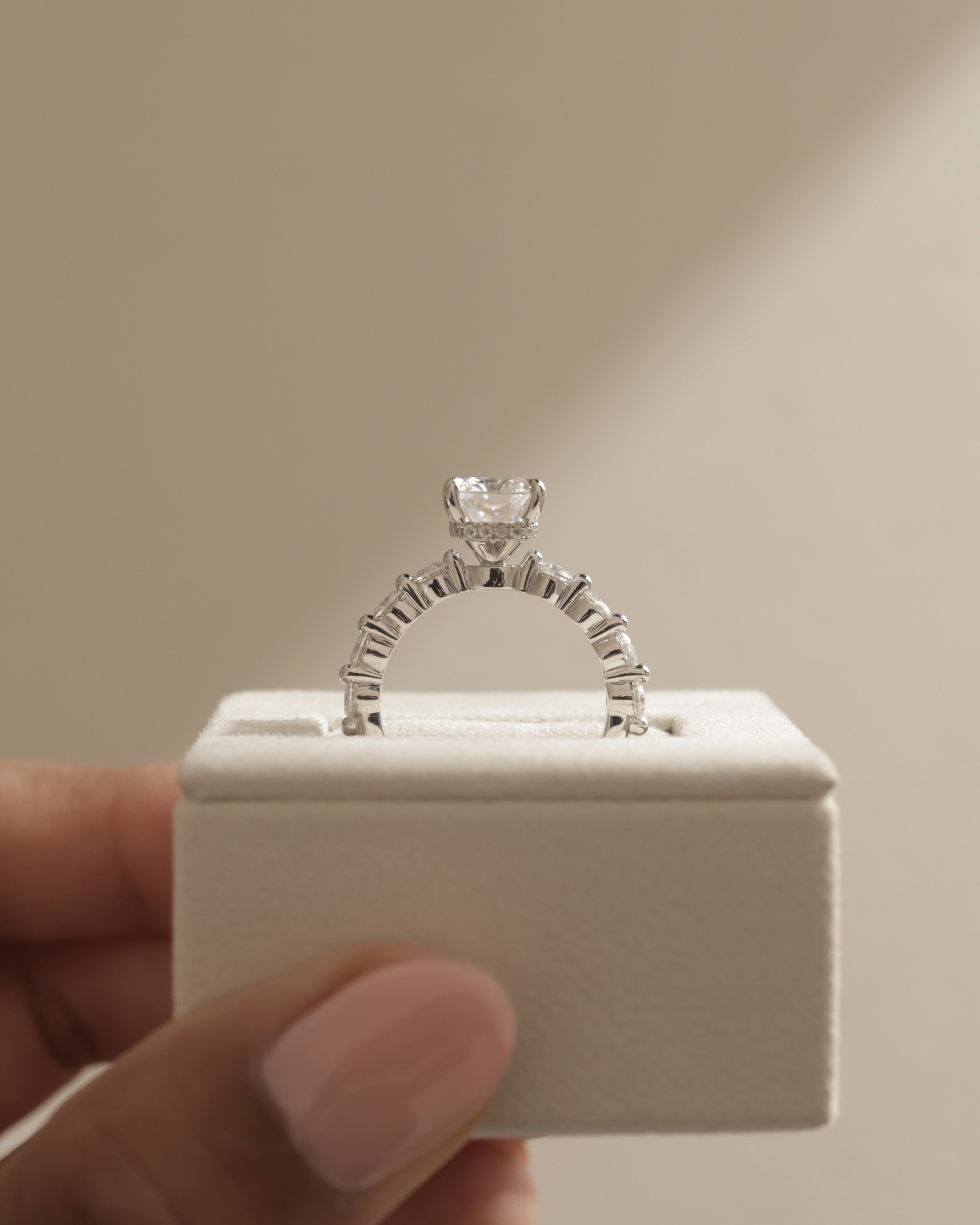 Josephine  Radiant Solitaire with Side Stones & Hidden Halo Lifestyle Image