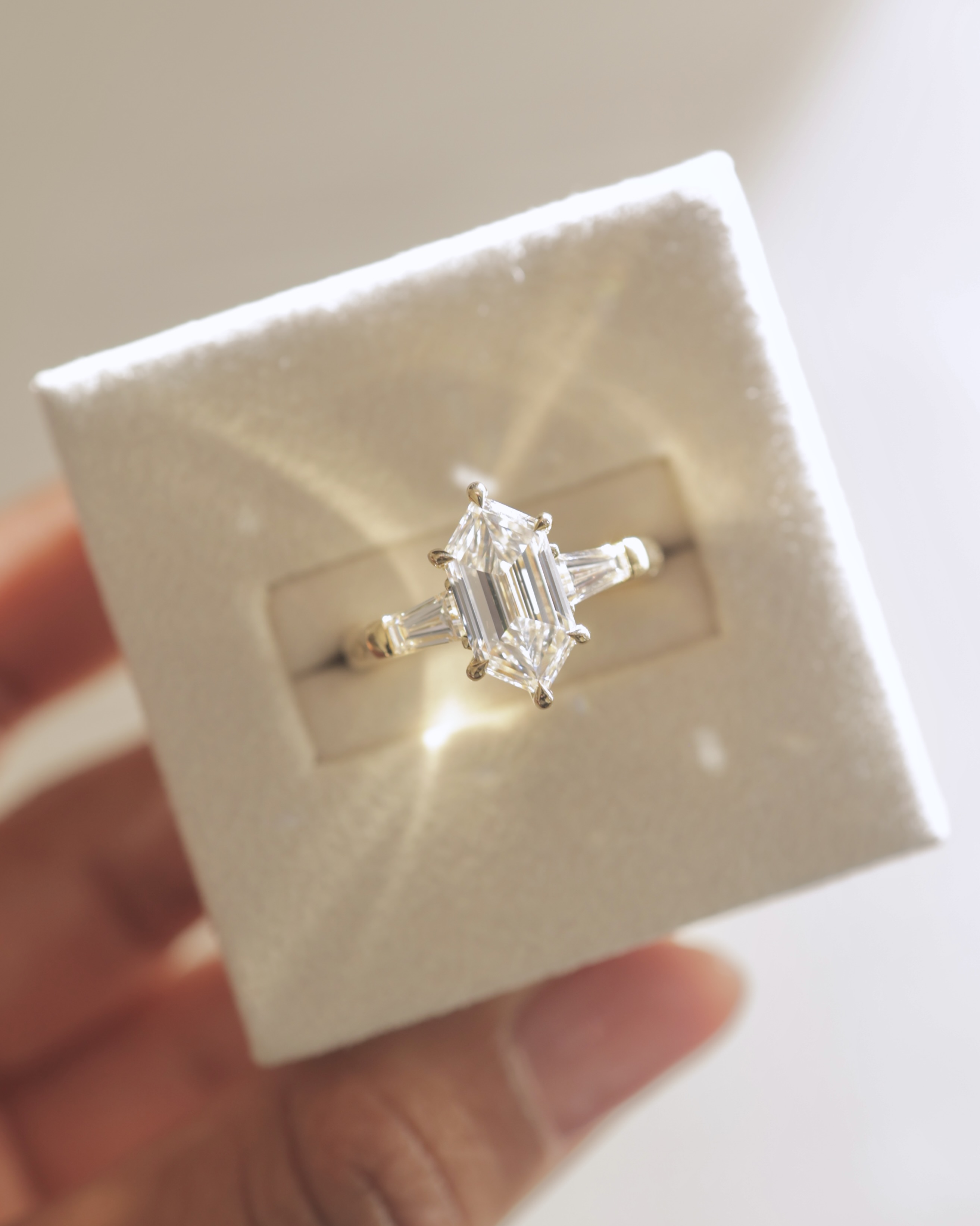 Myrtle - Elongated Hexagon Trilogy with Tapered Baguette Side Stones Lifestyle Image