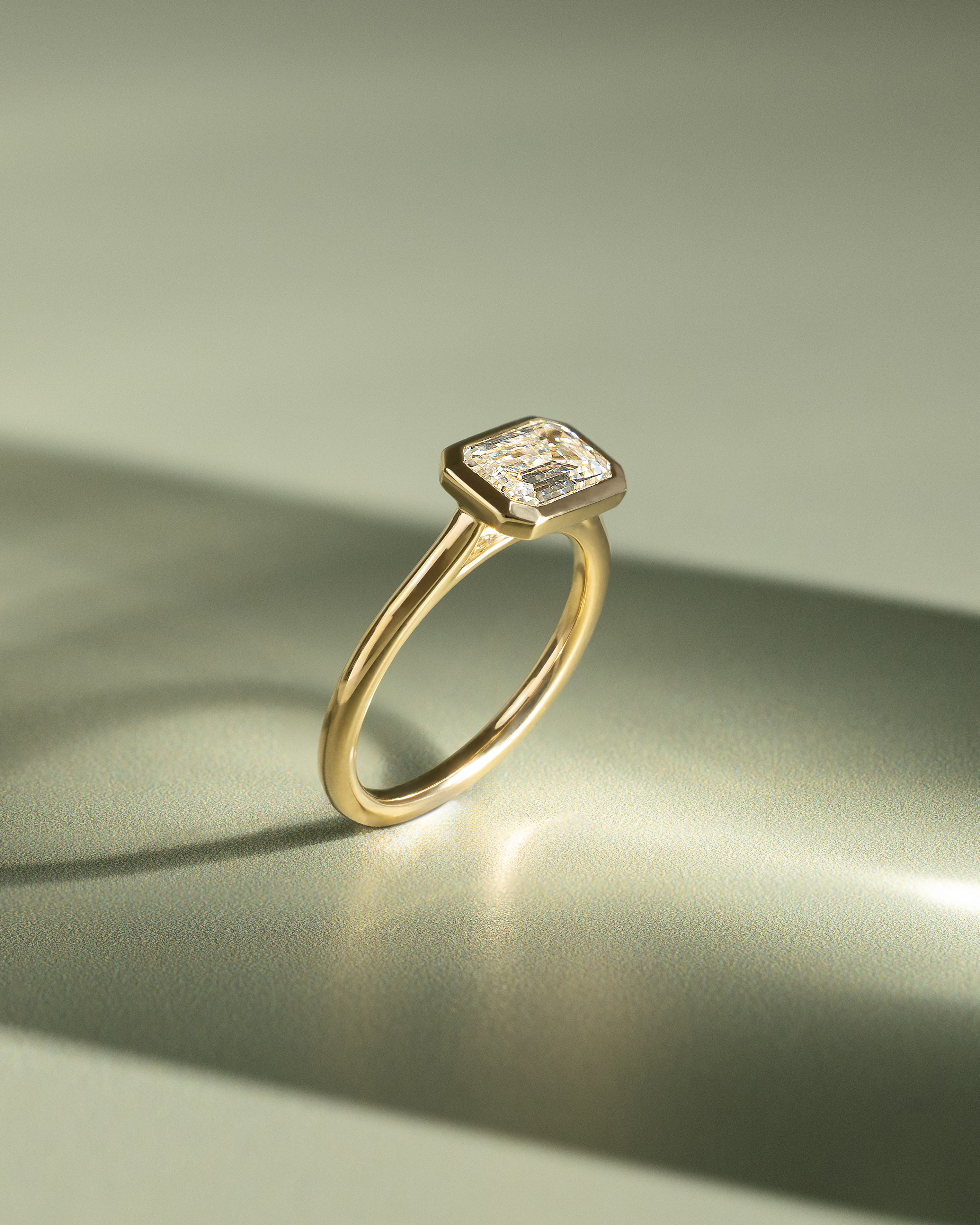 Olive - East West Emerald Solitaire with Cathedral Bezel Setting Lifestyle Image
