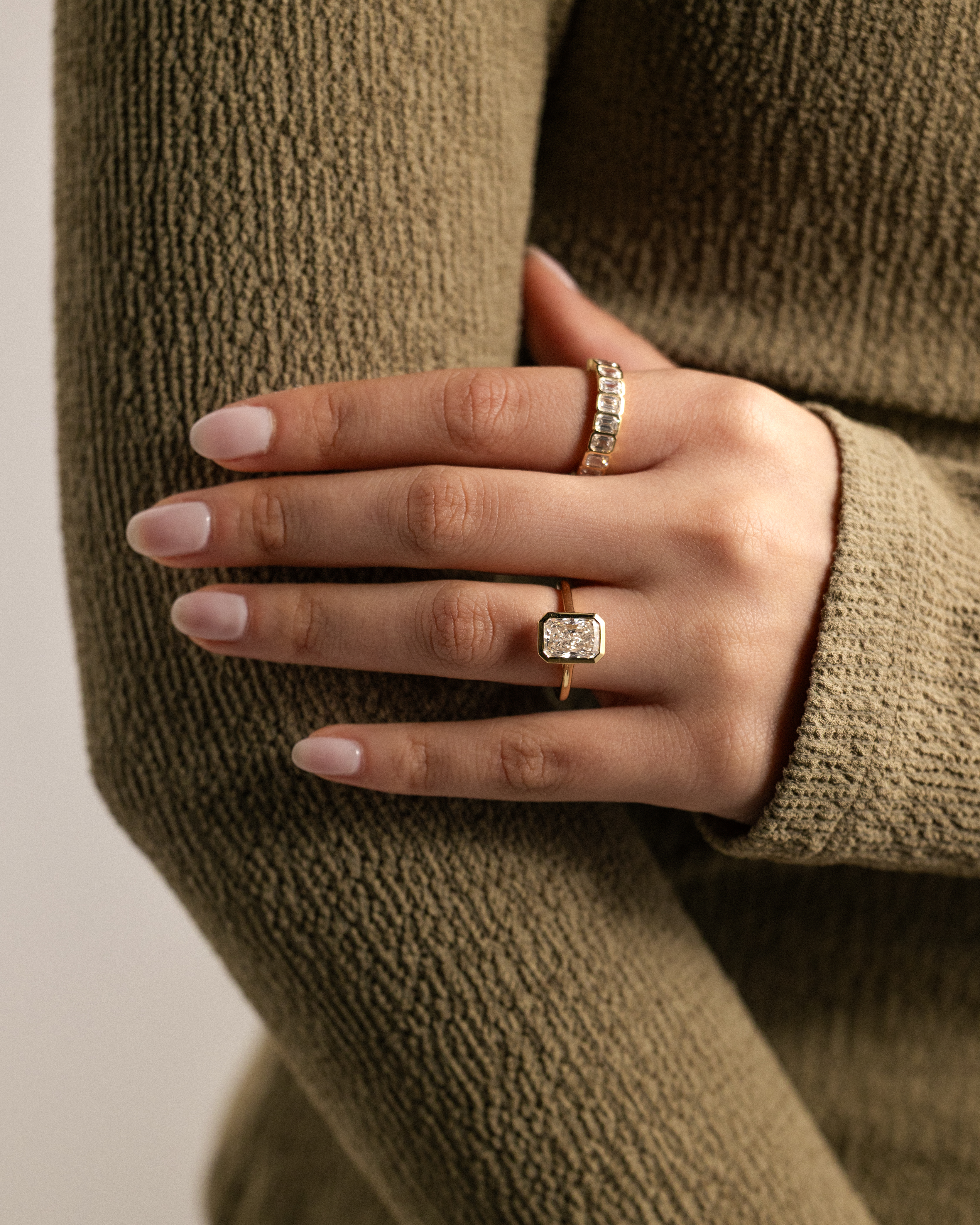 Rachel  Bezel Set Radiant Solitaire Lifestyle Image