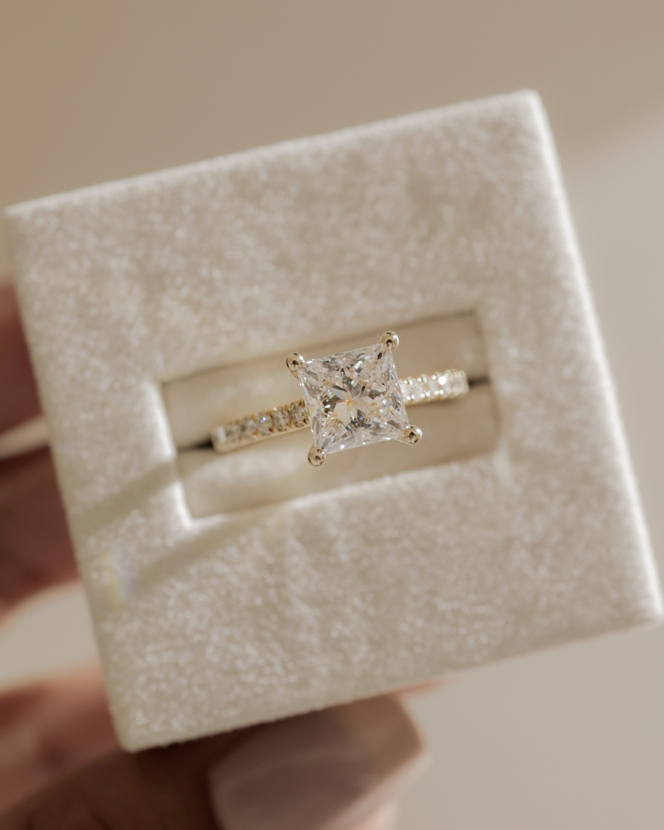 Zendaya - 4 Claw Princess Solitaire with Hidden Halo and pave band Lifestyle Image