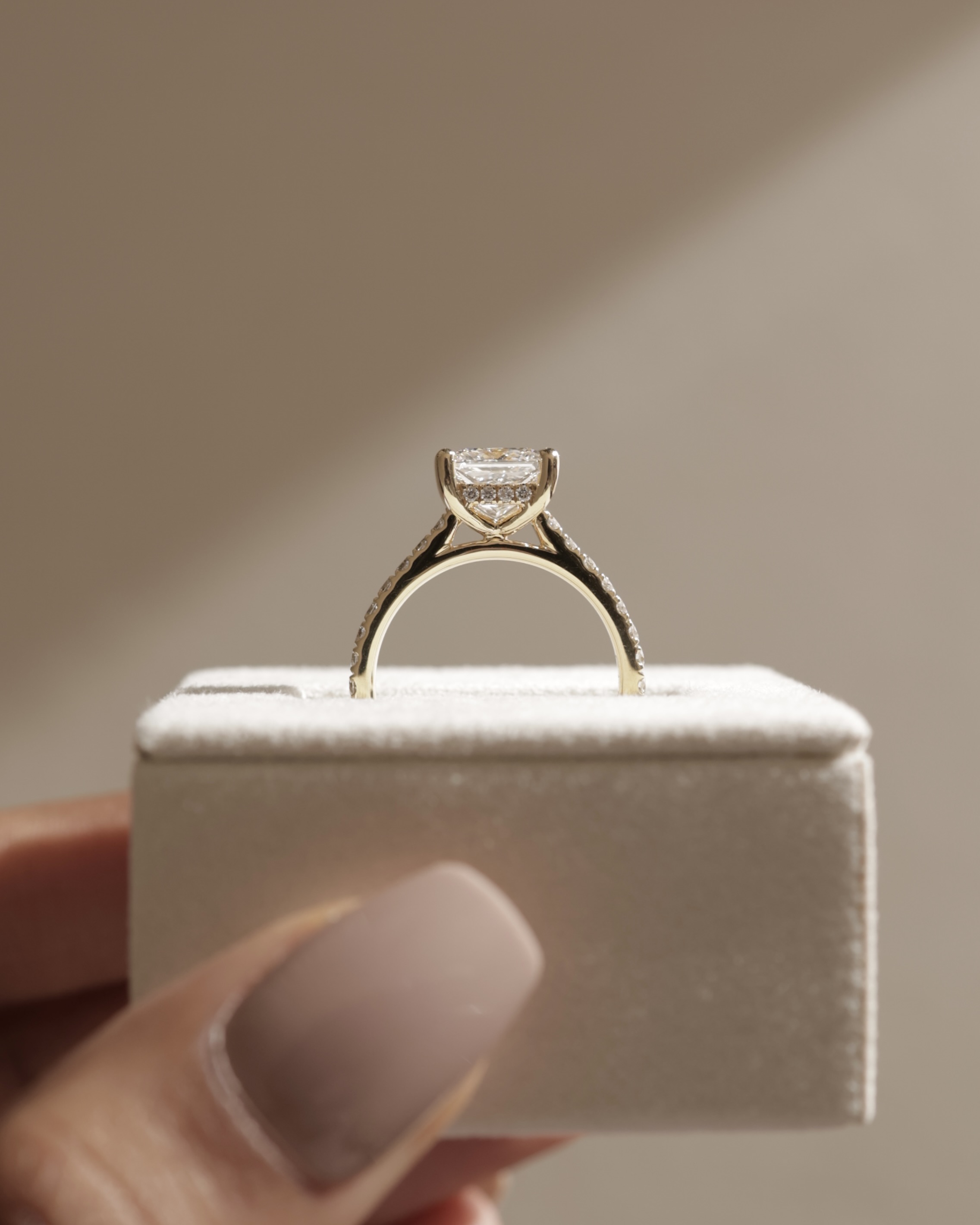 Zendaya - 4 Claw Princess Solitaire with Hidden Halo and pave band Lifestyle Image